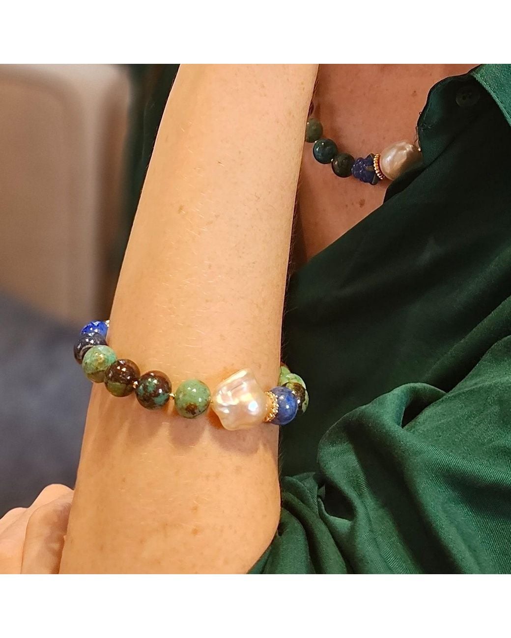 Farra Blue Phoenix Malachite With Baroque Pearls Bracelet