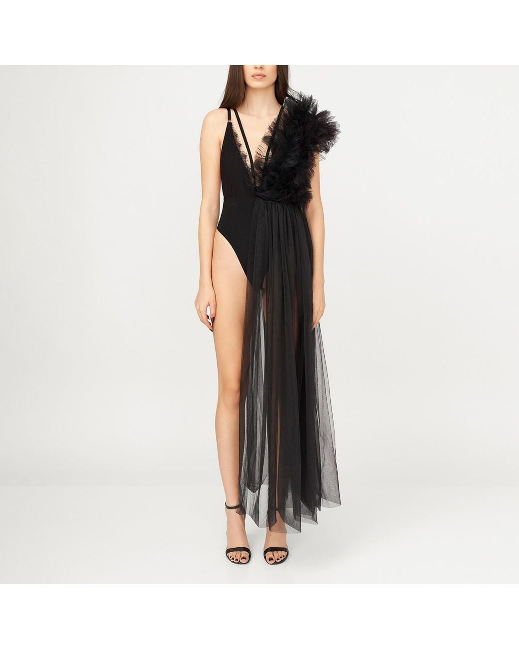 LIA ARAM Black Lace Deconstructed Ruffled Bodysuit