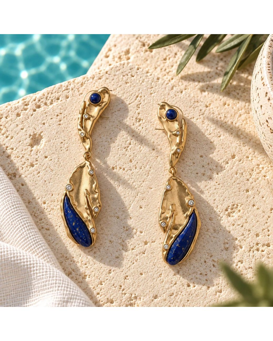 Rare Matters Jewelry Blue Sculptural Lapis Leaf Drop Cz Organic Earrings