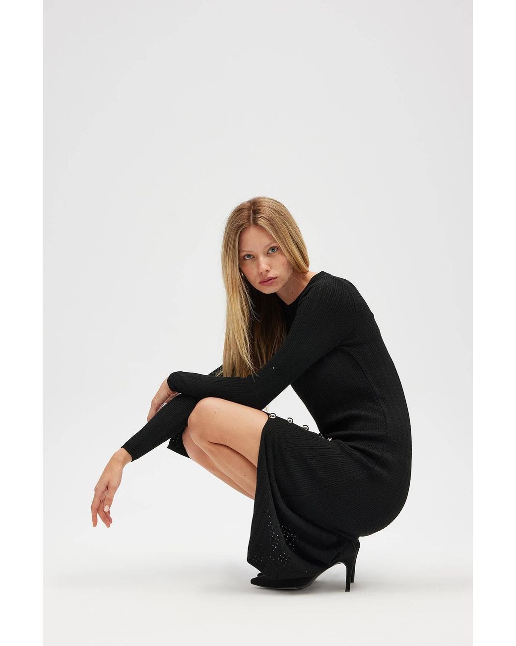 Peraluna Black Zaira Minimal Cable Knit Slit Midi Dress