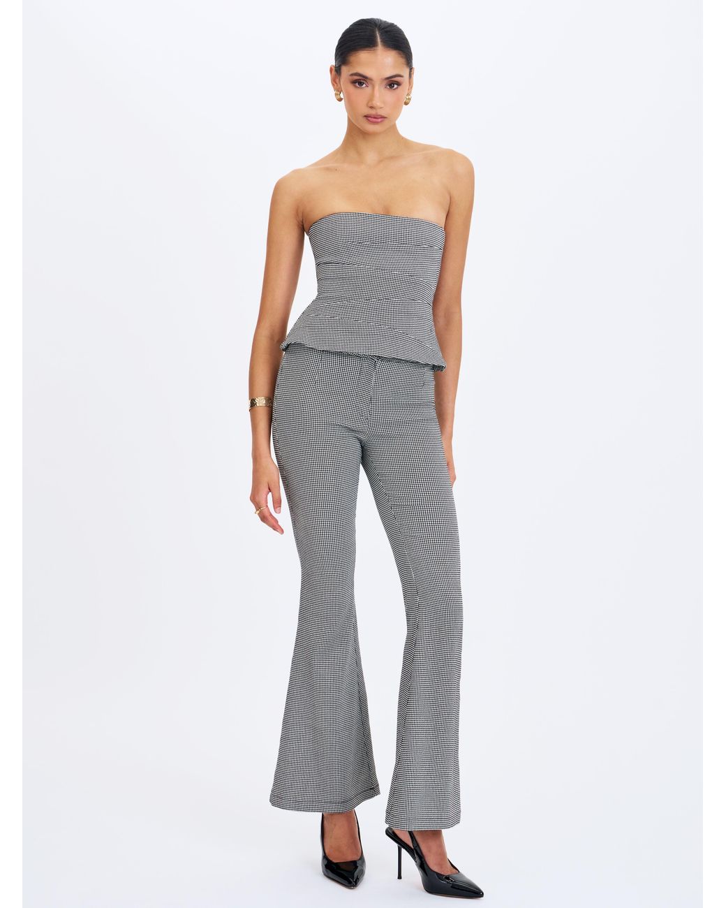 Miss Circle New York Gray Ulli Micro-Houndstooth Flared Pants