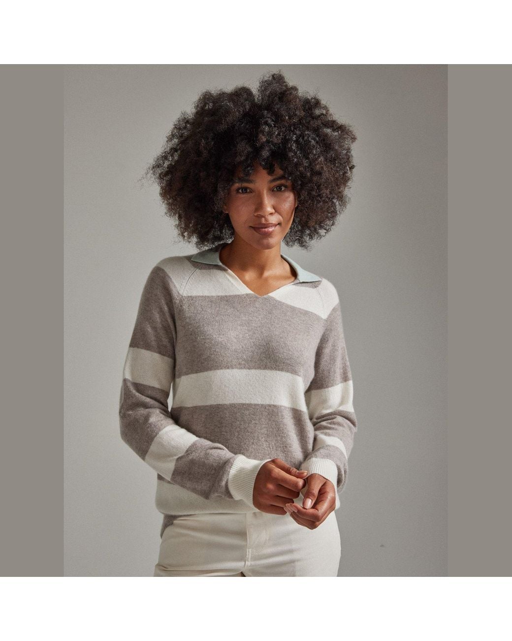 Salts Cashmere Gray Split Neck Polo Stripe Sweater
