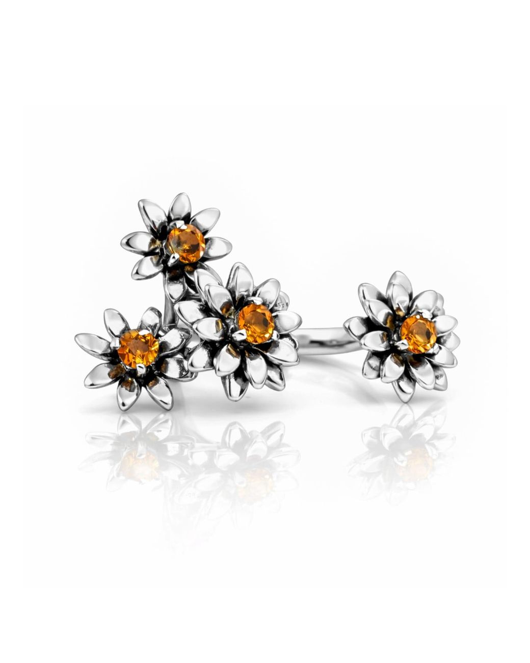 Unaloe Metallic Sterling Flower Ring With Natural Citrine – Floral Gemstone Ring, Luxury Italian Artisan Jewelry For
