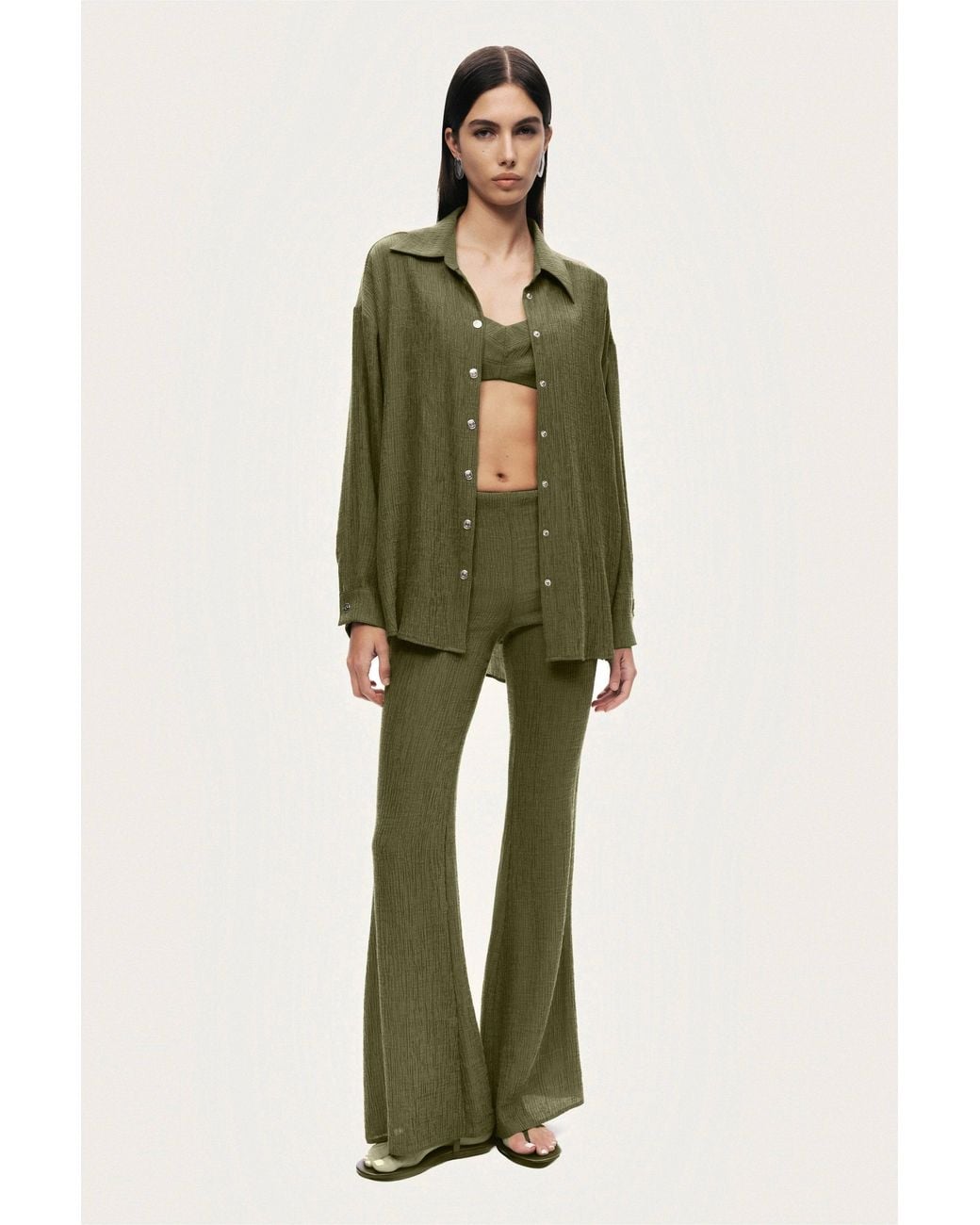 Nocturne Green Neutrals Flared High-Waist Pants
