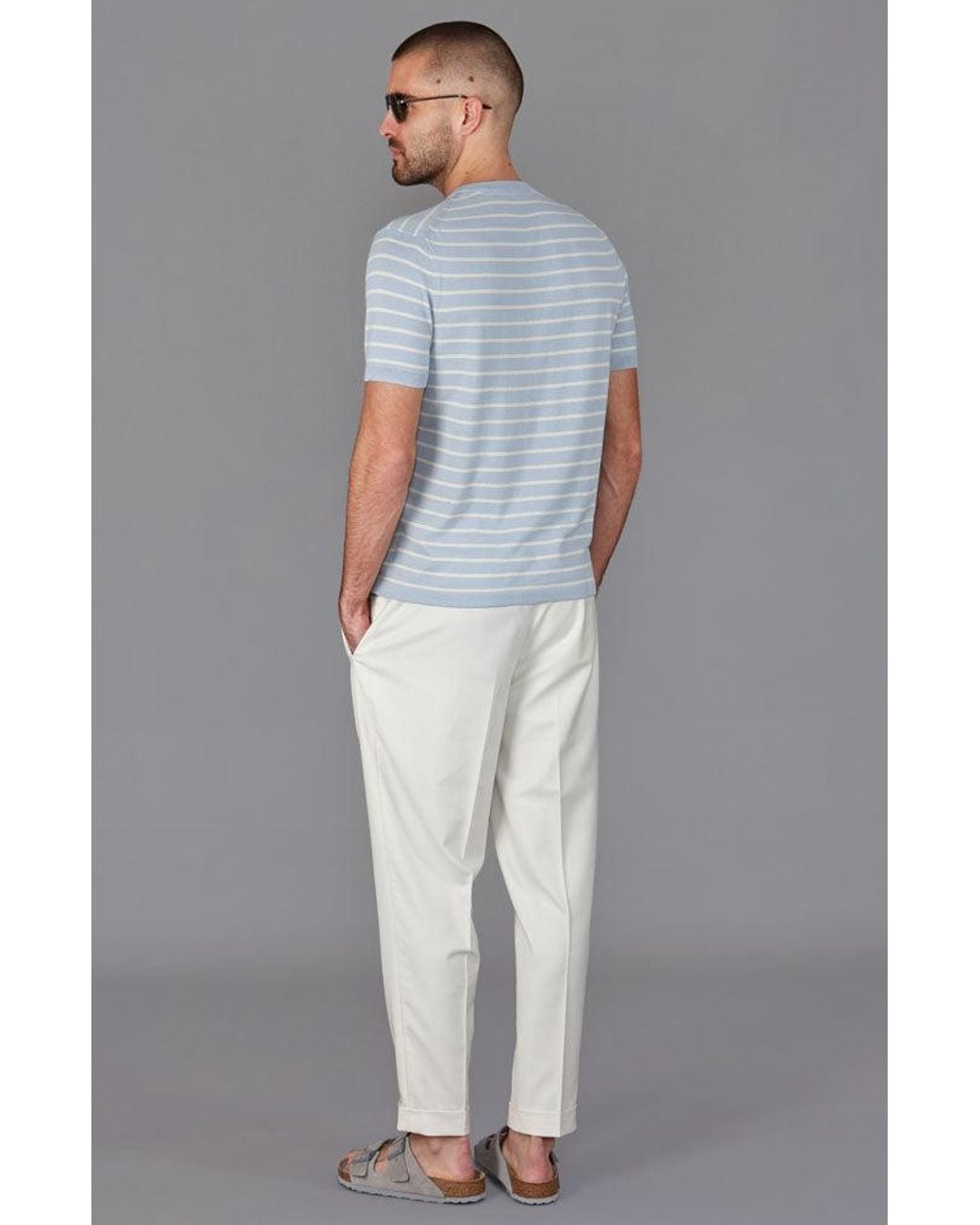 Paul James Knitwear Blue Mens Ultra-fine Cotton Javier Knitted Pin Stripe T-shirt for men
