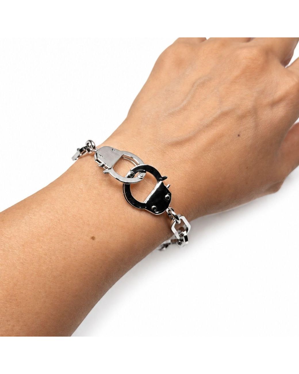 Jagged Halo Jewelry Metallic Love Bond Handcuff Chain Bracelet Stainless Steel Rhodium Plating
