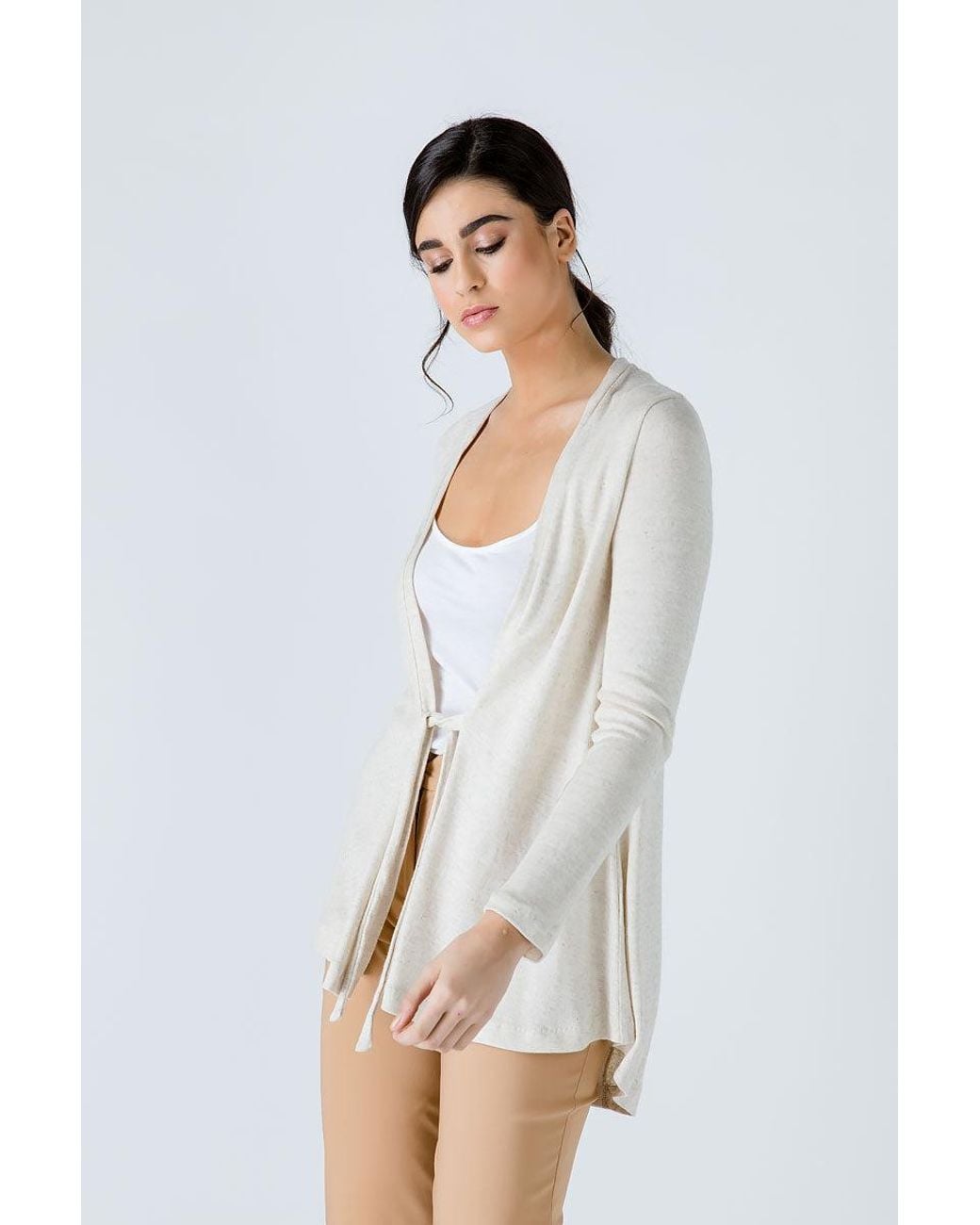 Conquista White Neutrals Sand Open Front Linen Cardigan