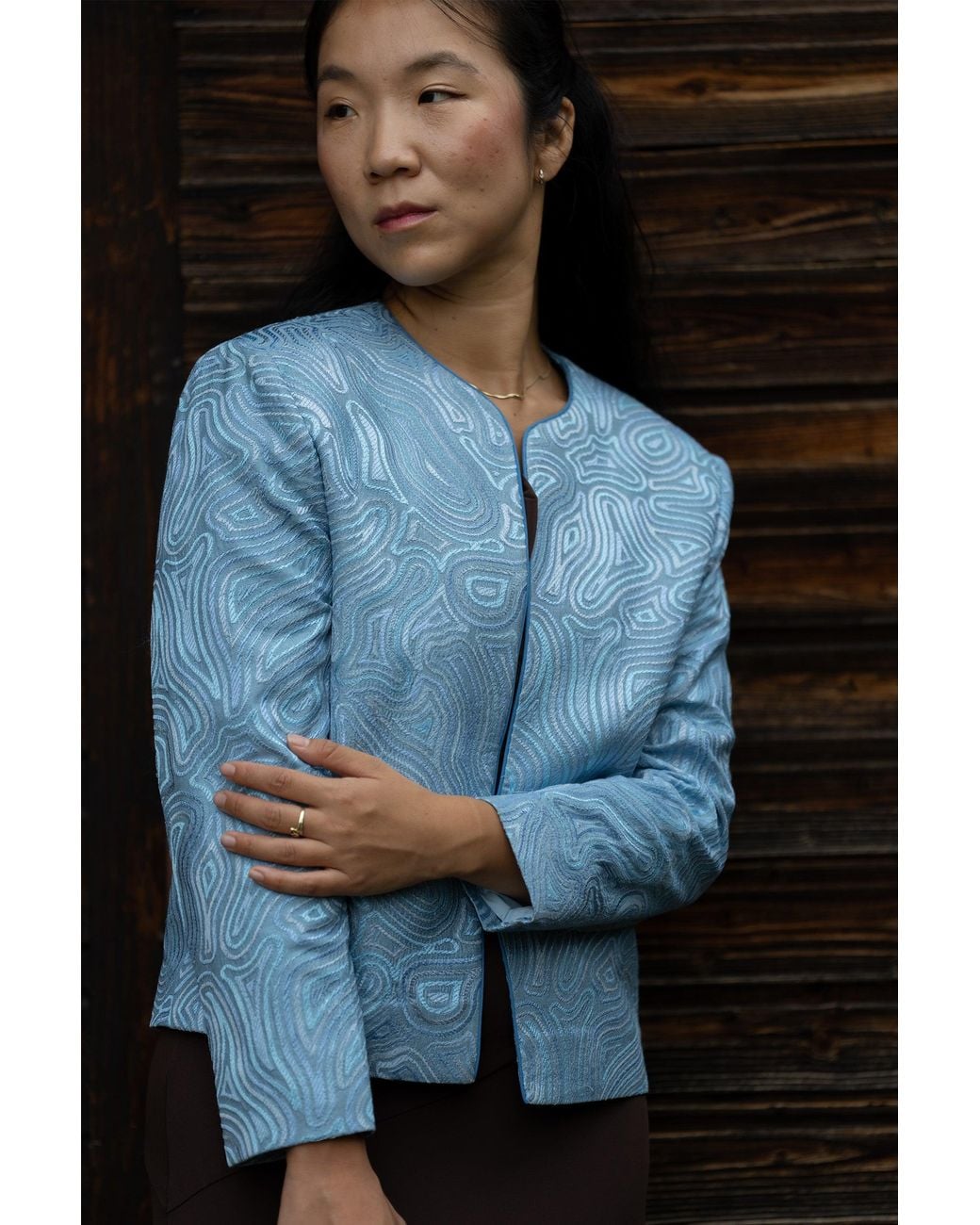 Stovaria Blue Tonal Embroidered Pure Silk Statement Jacket