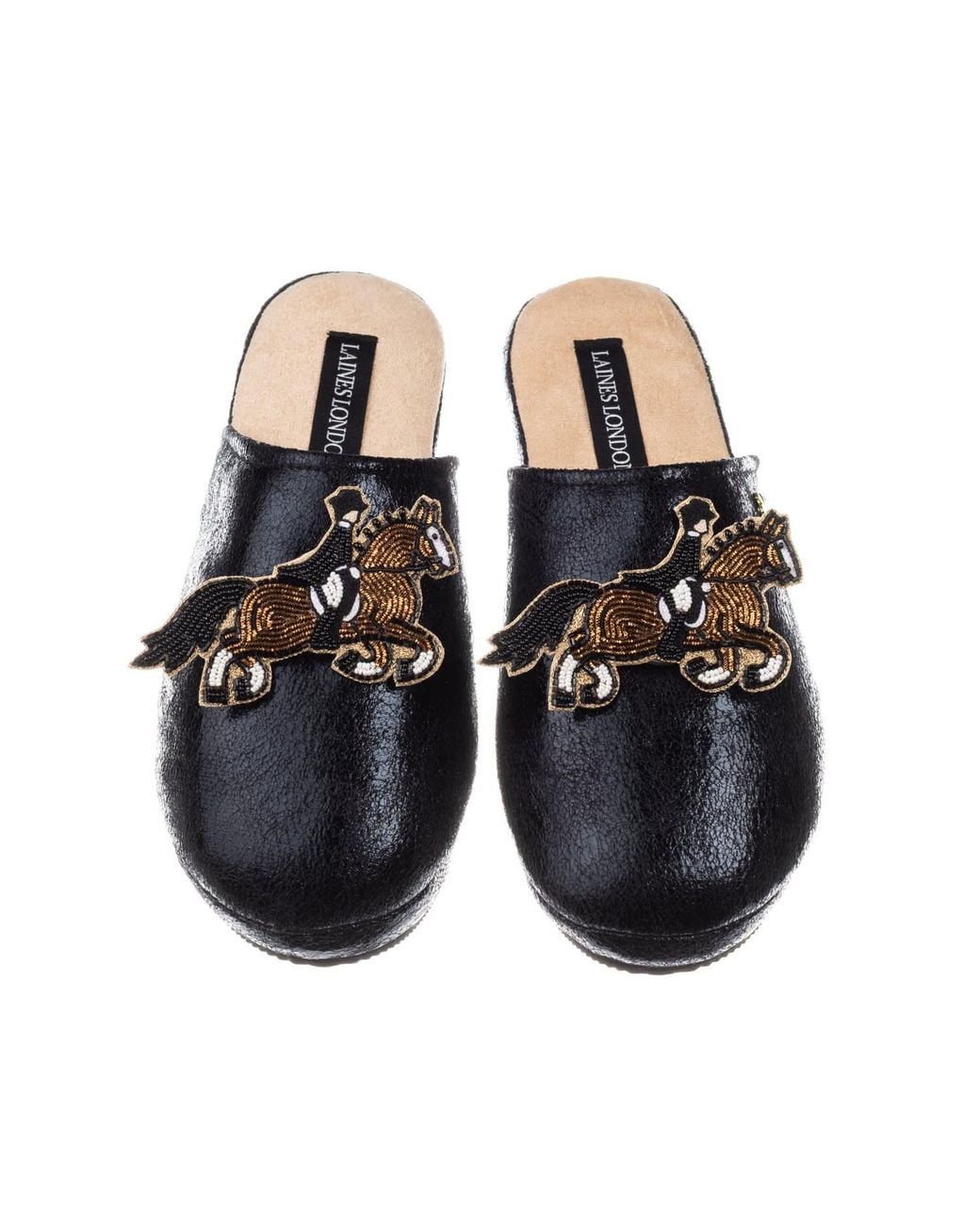 Laines London Black Softie Slippers With Dressage Horse Brooches
