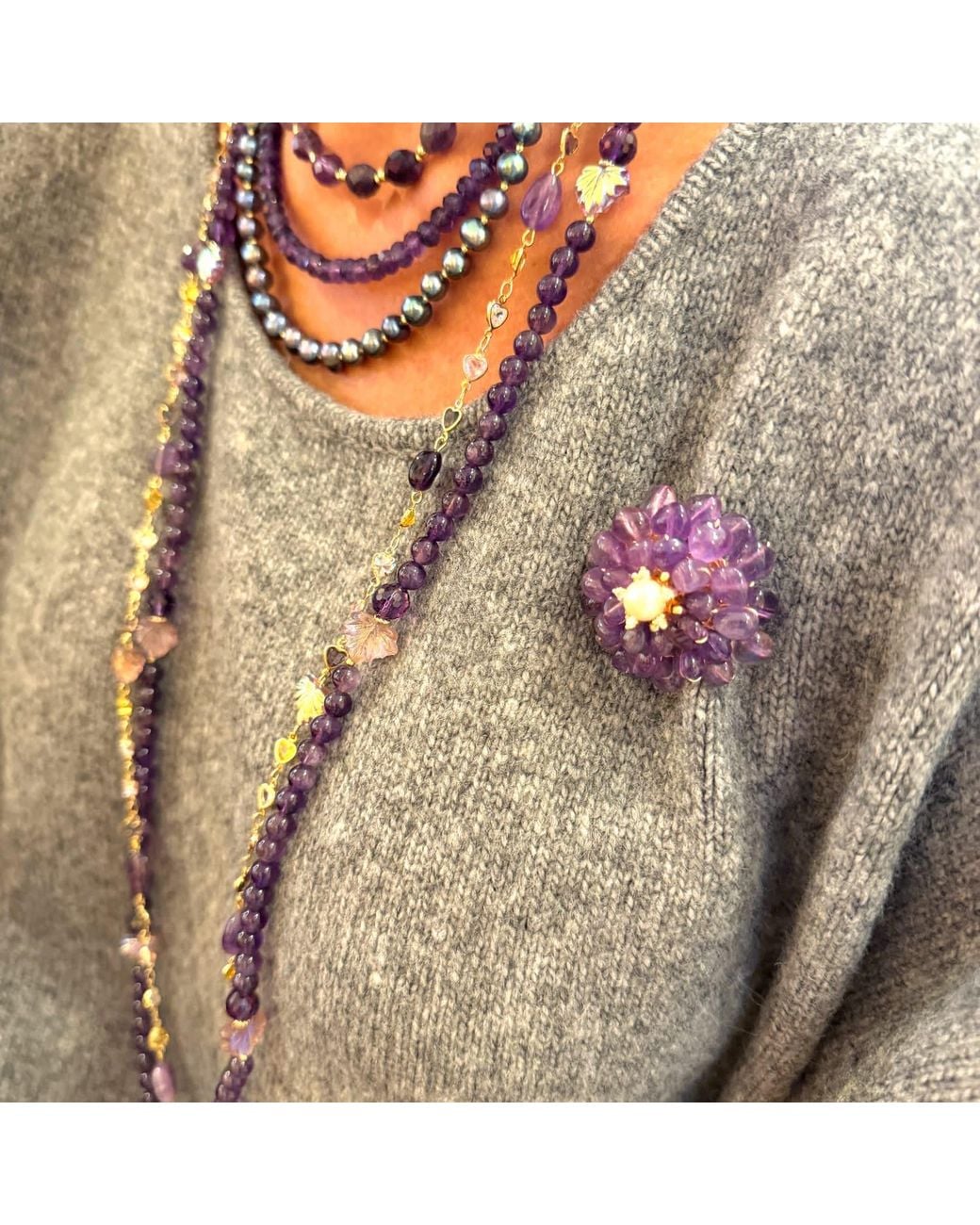 Farra Purple Flower Shaped Amethyst With Freshwater Pearl Brooch