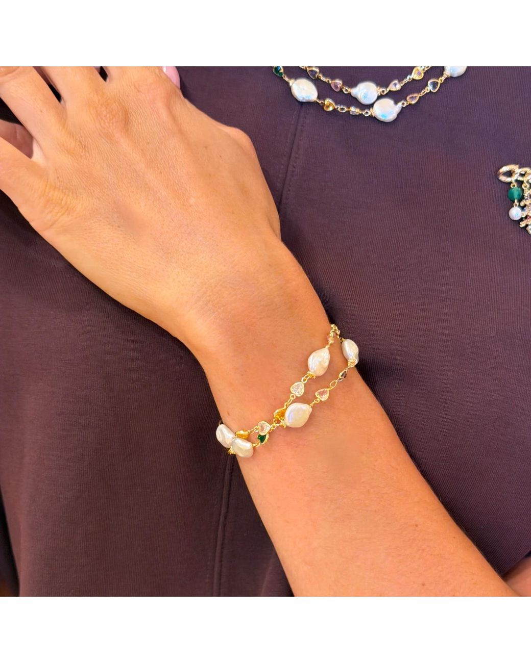 Farra Metallic Colorful Zircon With Irregular Flat Baroque Pearls Double Layers Bracelet