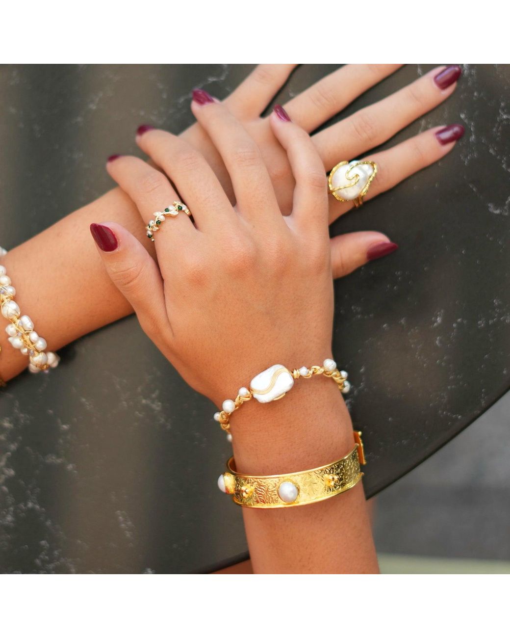 Ebru Jewelry Metallic Pearl & Boho Chic Cuff Bracelet