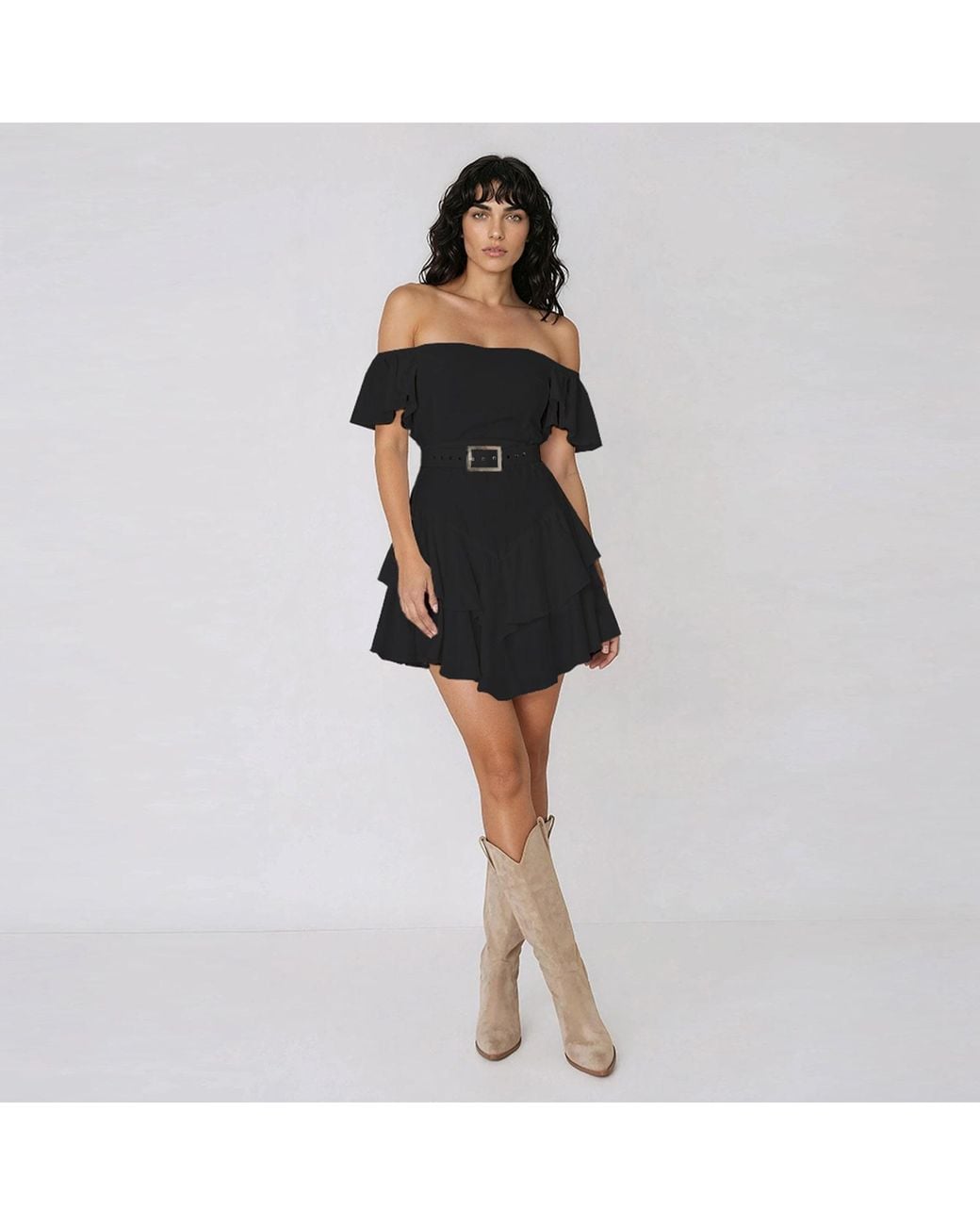 ALINA CERNĂTESCU Black Samba Mini Linen Ruffle Cocktail Dress