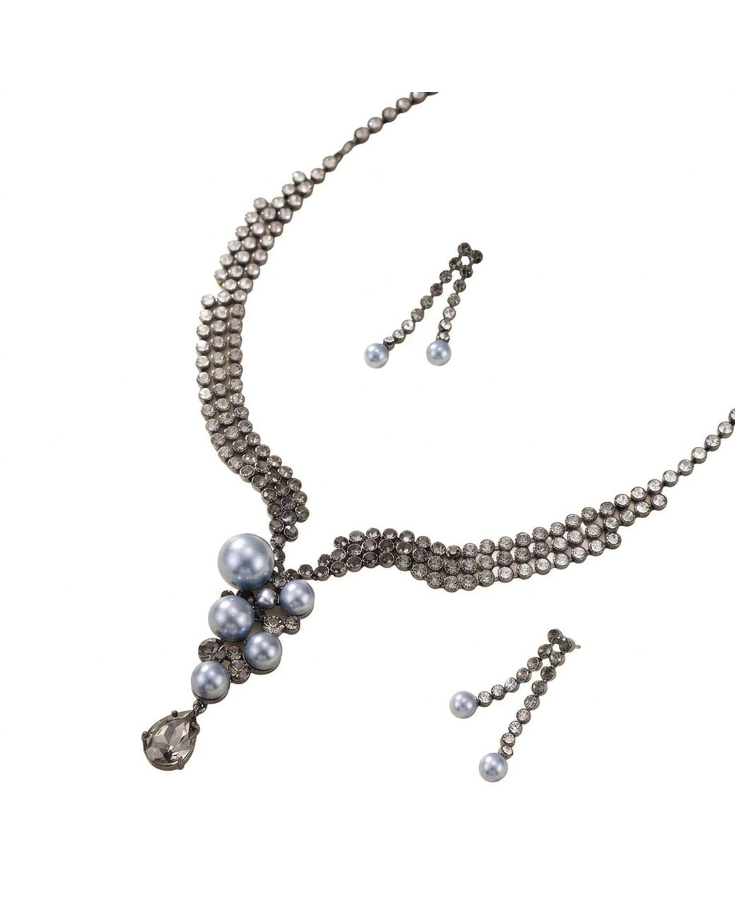 Modenaire Metallic Pearl Crystal Trickling Necklace And Earring Set