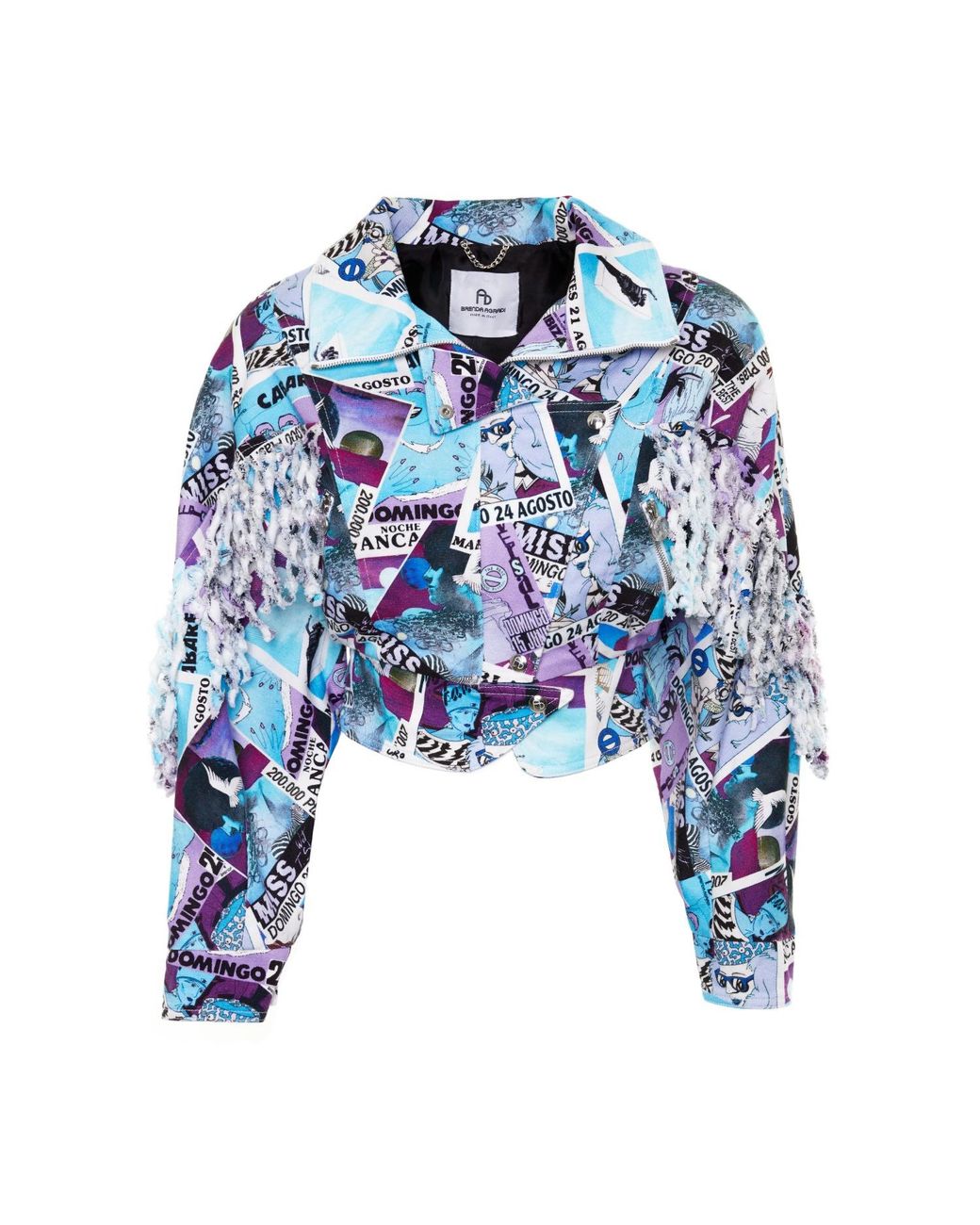 Brenda Agradi Blue Ibiza Style Printed Fringed Bomber Jacket