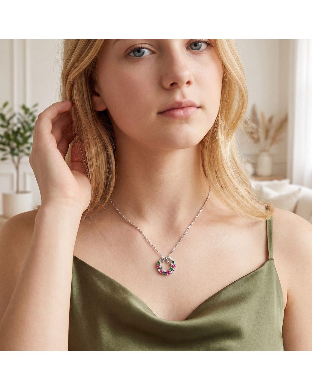 Genevive Jewelry Pink Plated With Colored Cubic Zirconia Wreath Shaped Christmas Pendant Necklace