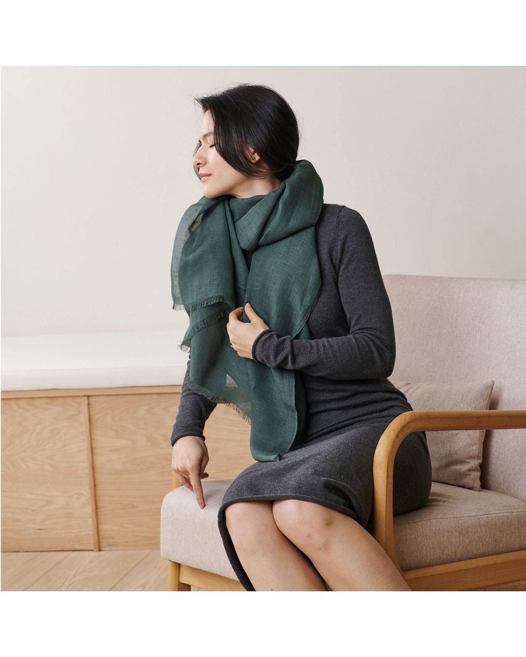 Variously Green Moss Dark Soft Linen Silk Handwoven Artisanal Scarf