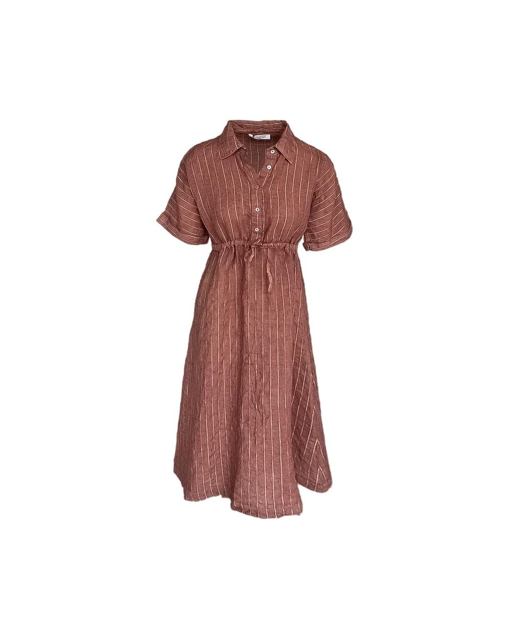 Haris Cotton Brown Striped Linen Button Front Dress With Drawstring Waist Blush