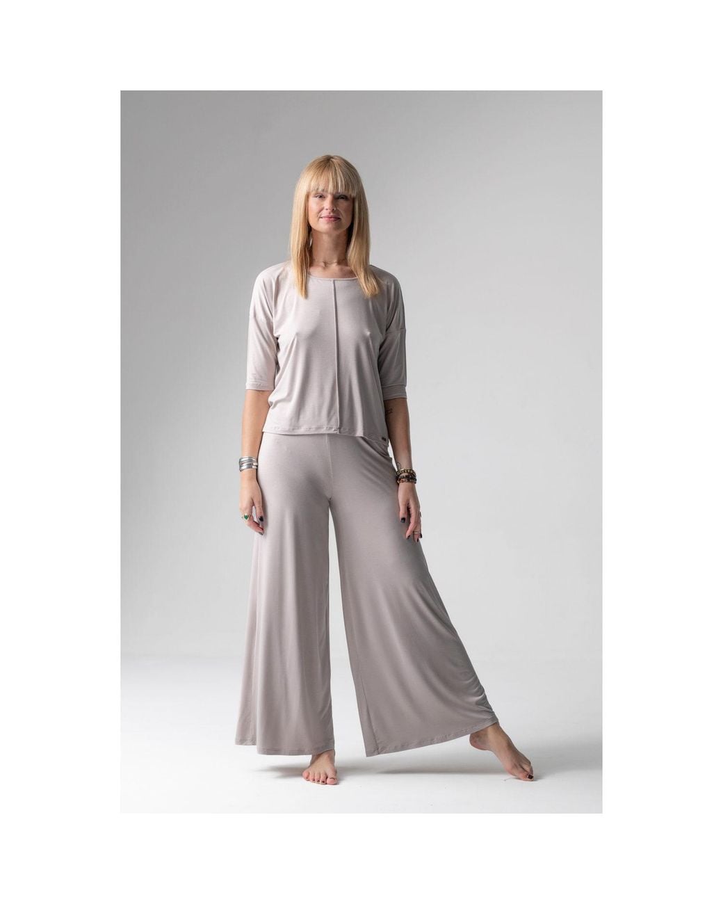 Oh!Zuza Natural Neutrals Jackie Loungewear Pyjama Set, Wide-Leg Trousers – Almond Milk