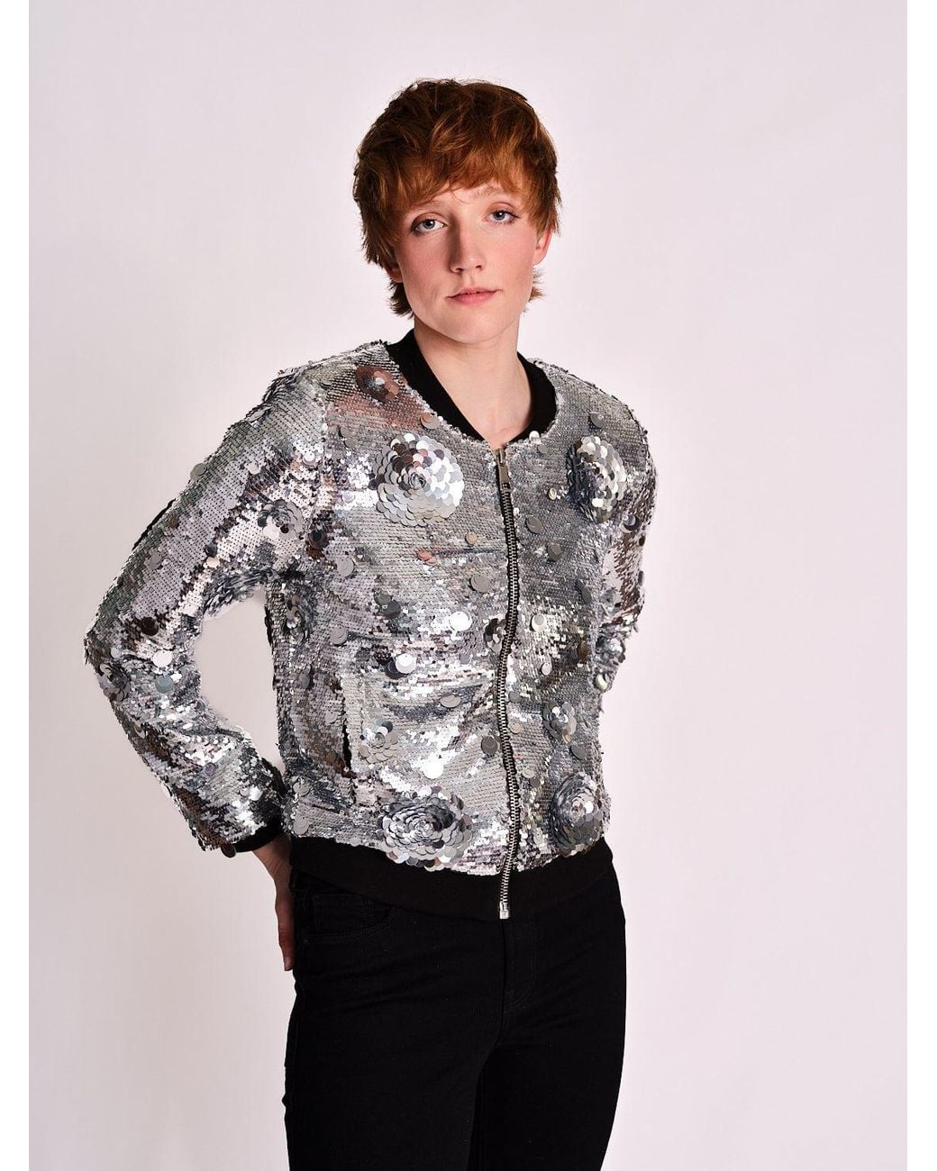 Any Old Iron Gray Petal To The Metal Sequin Bomber Jacket