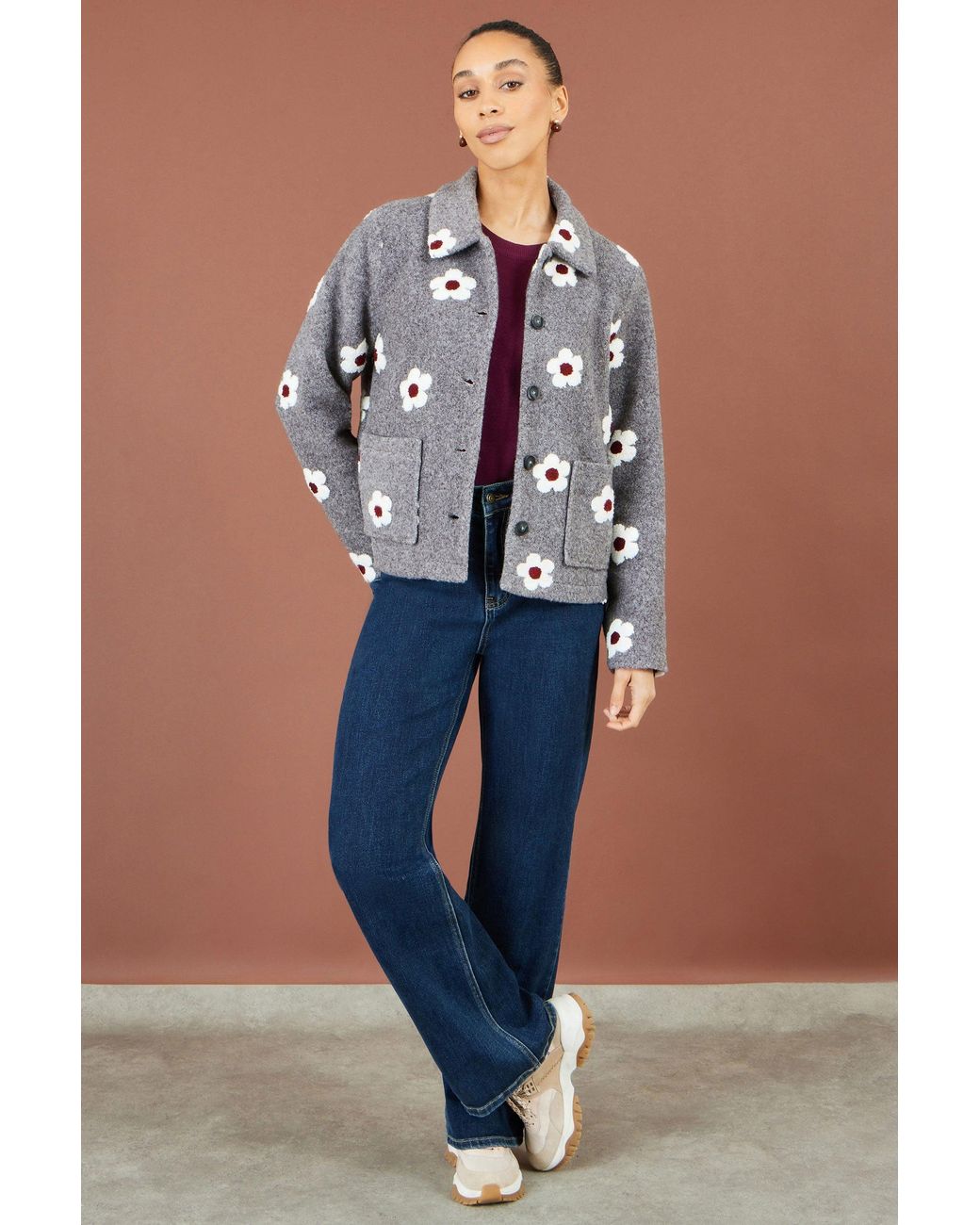 Yumi' Gray Embroidered Daisy Fleece Jacket