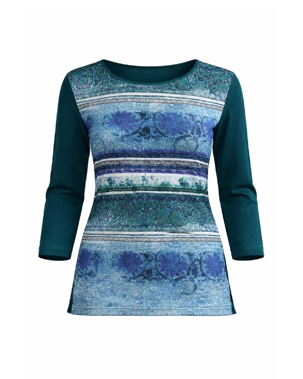 Conquista Blue Printed Boat-Neck Top With Contrast Sleeves