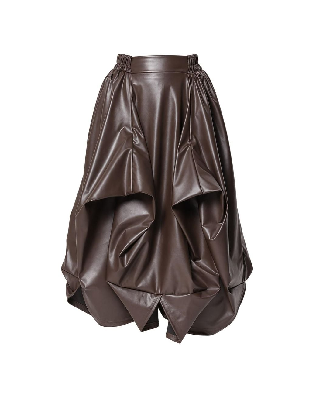 Metamorph Brown Vegan Leather Midi Skirt With Sculptural Folds