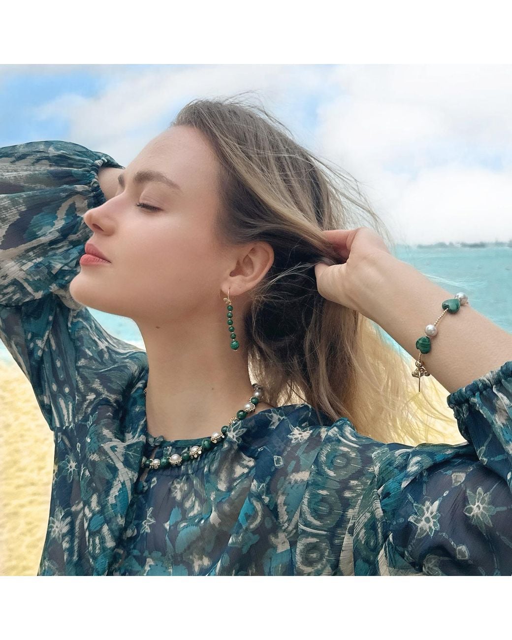 Farra Green Malachite Drops With Butterfly Hook Earrings