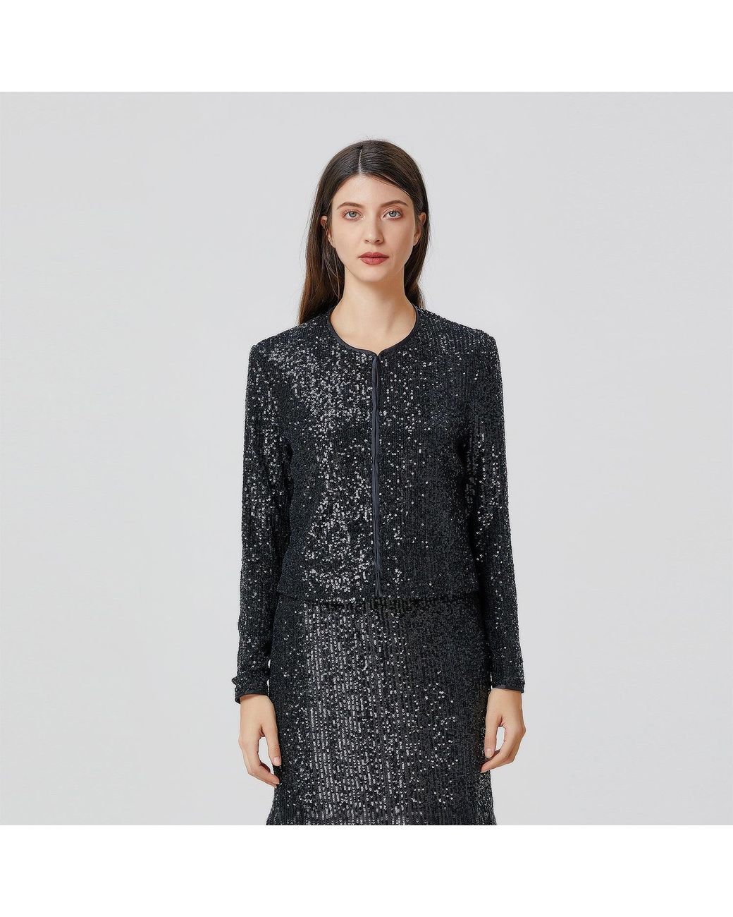 Smart and Joy Gray Rhinestone Jacket With A Round Neckline