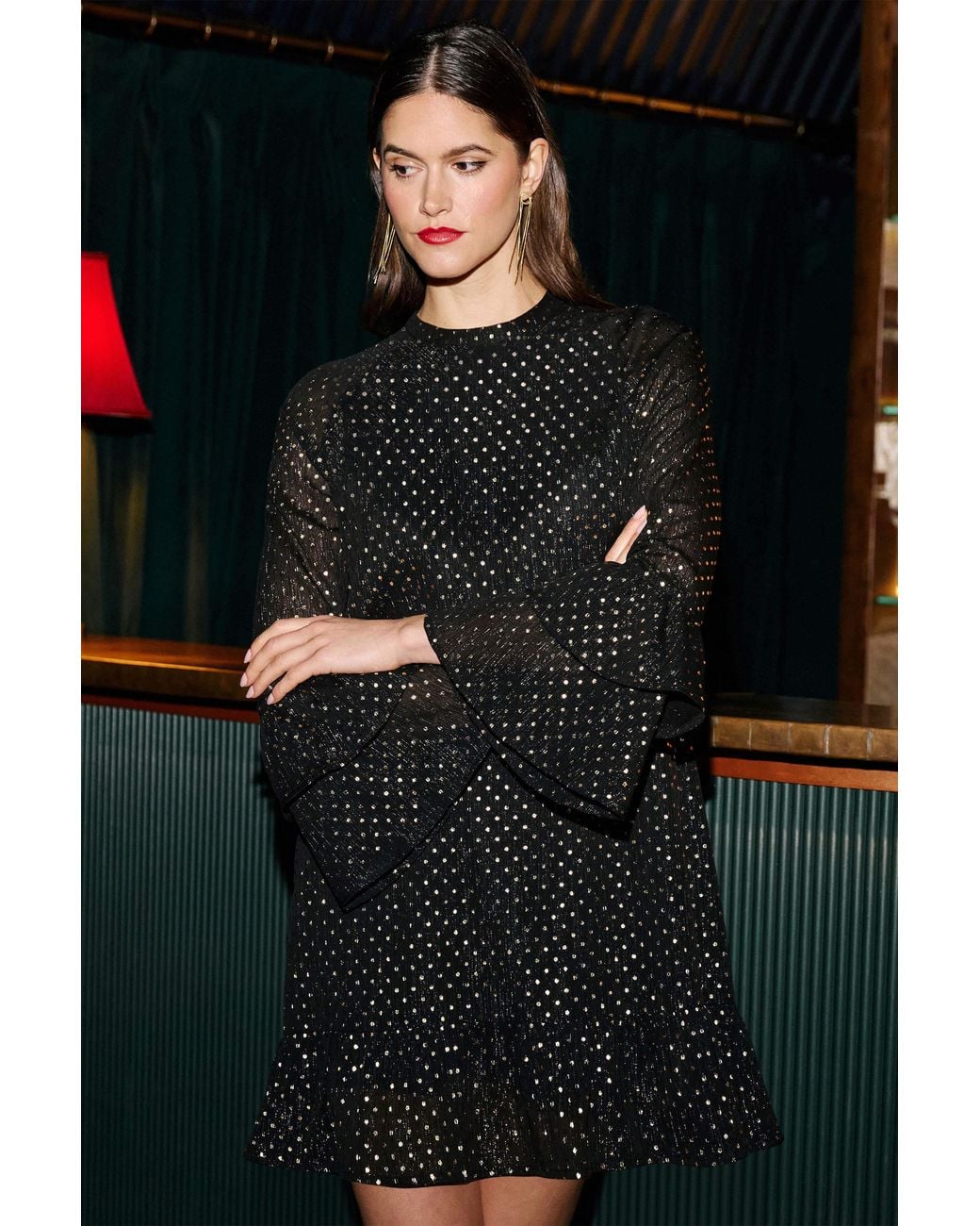 Yumi' Black Foil Print Tunic With Flared Sleeves