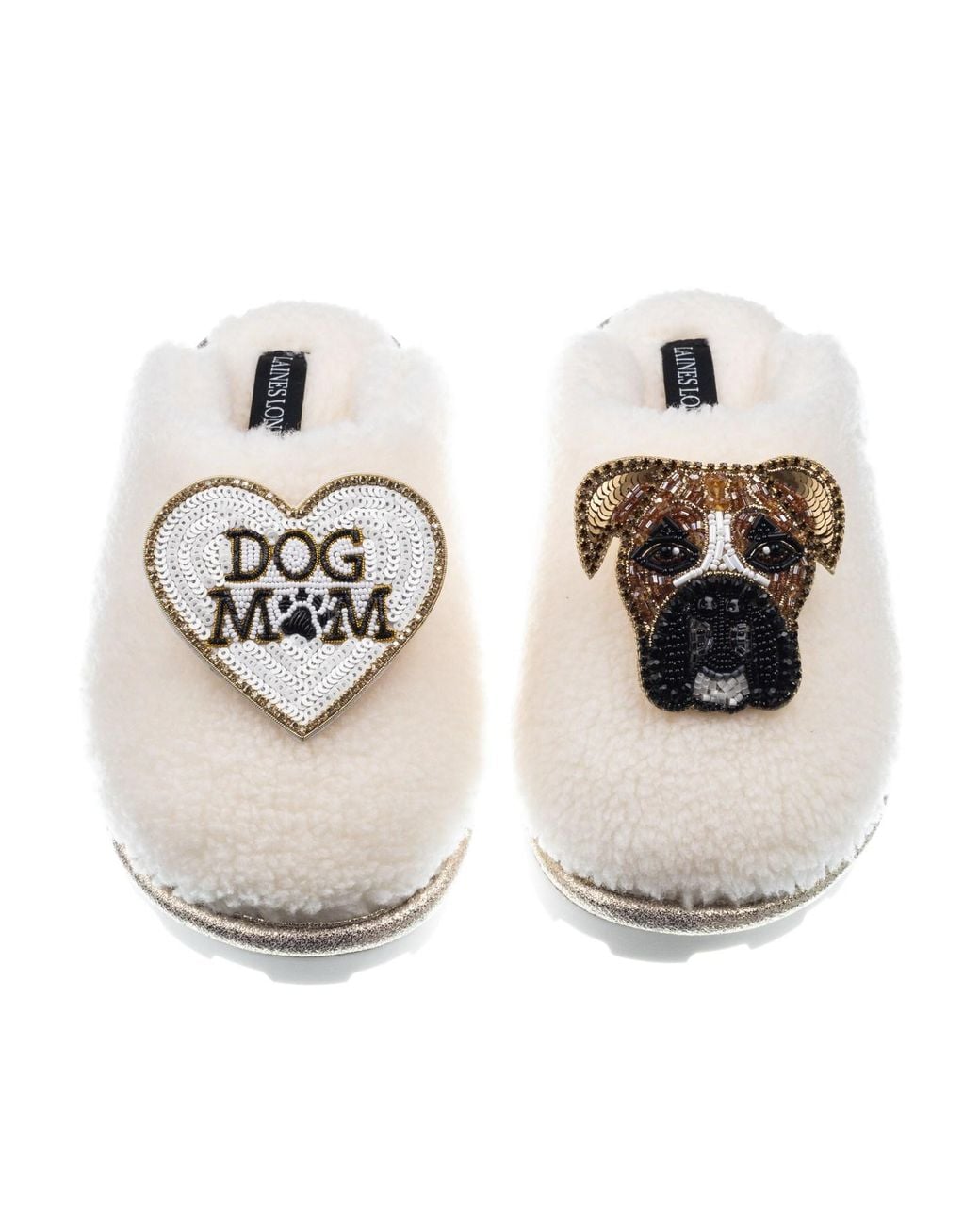 Laines London Metallic Teddy Closed Toe Slippers With Pip The Boxer & Dog Mum Mom Brooches