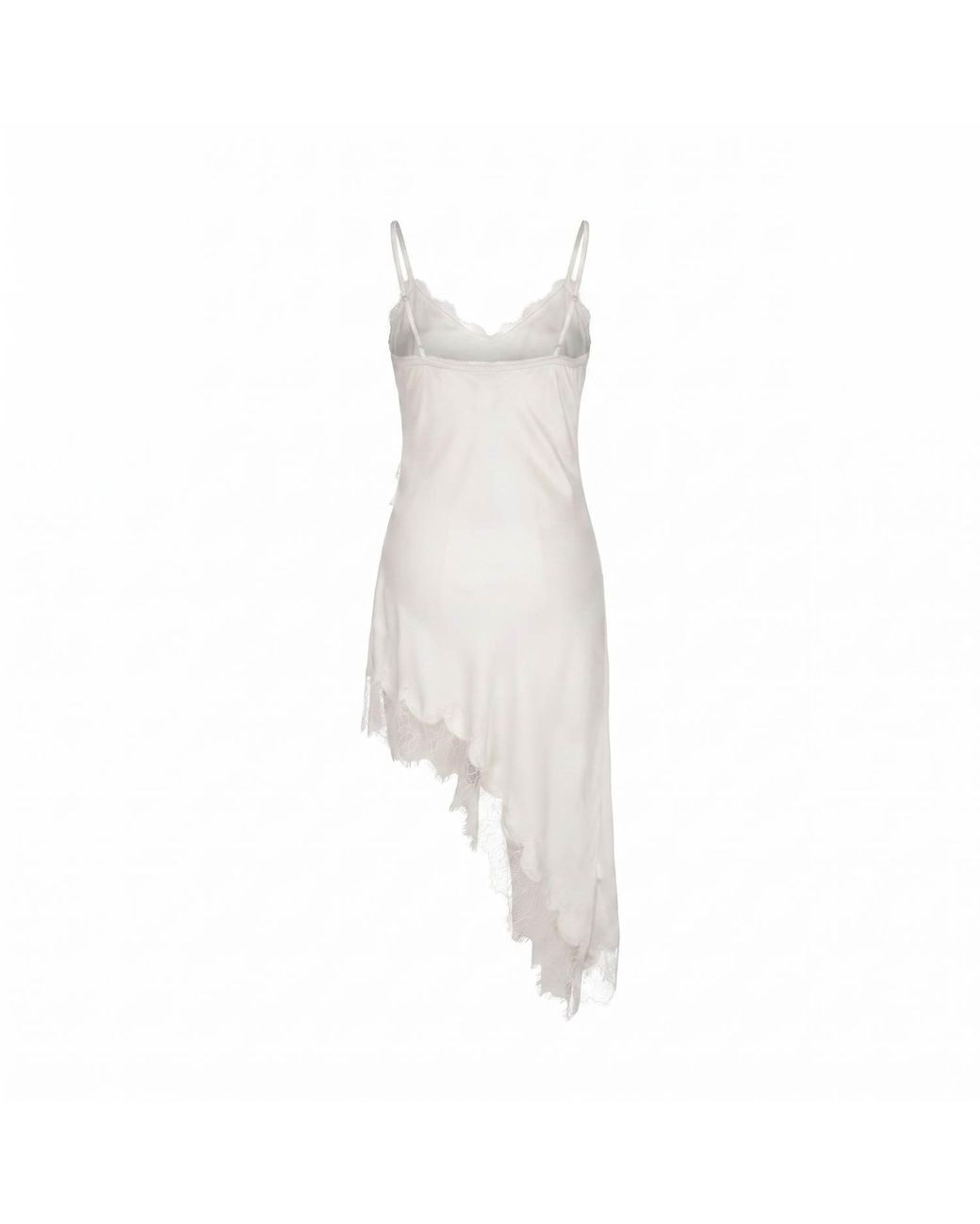 Modenaire White Asymmetric Satin Slip Dress With Lace Trim And Draped Silhouette