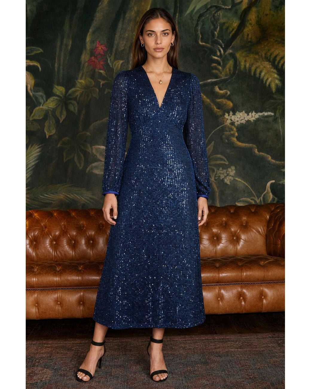 Yumi' Blue Sequin Long Sleeve Midi Dress