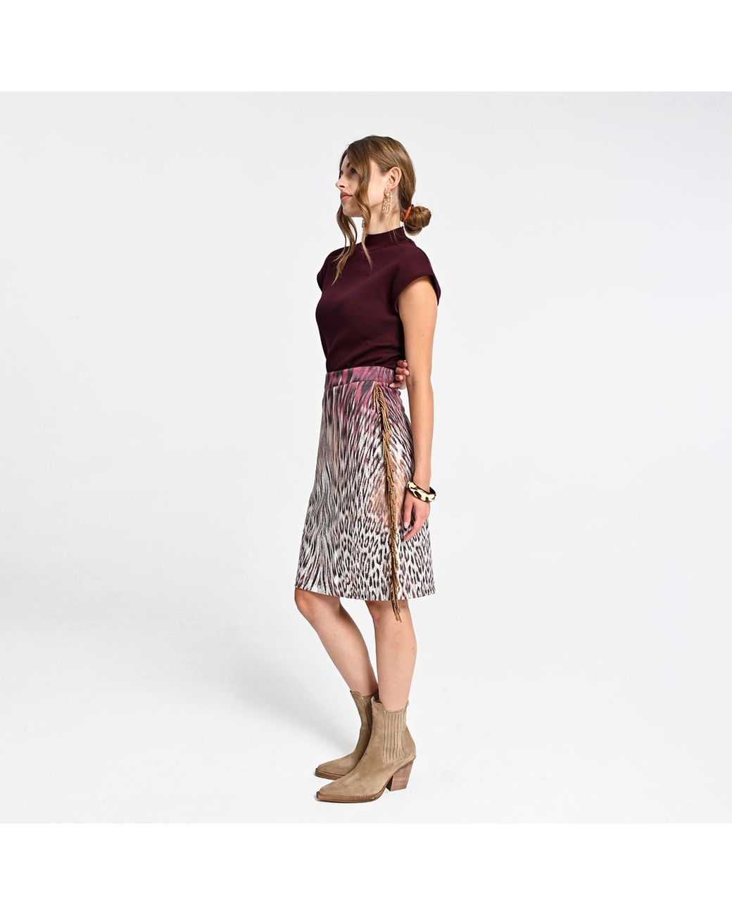 Lalipop Design Purple Pencil Skirt With Animal Print And Fringe Details
