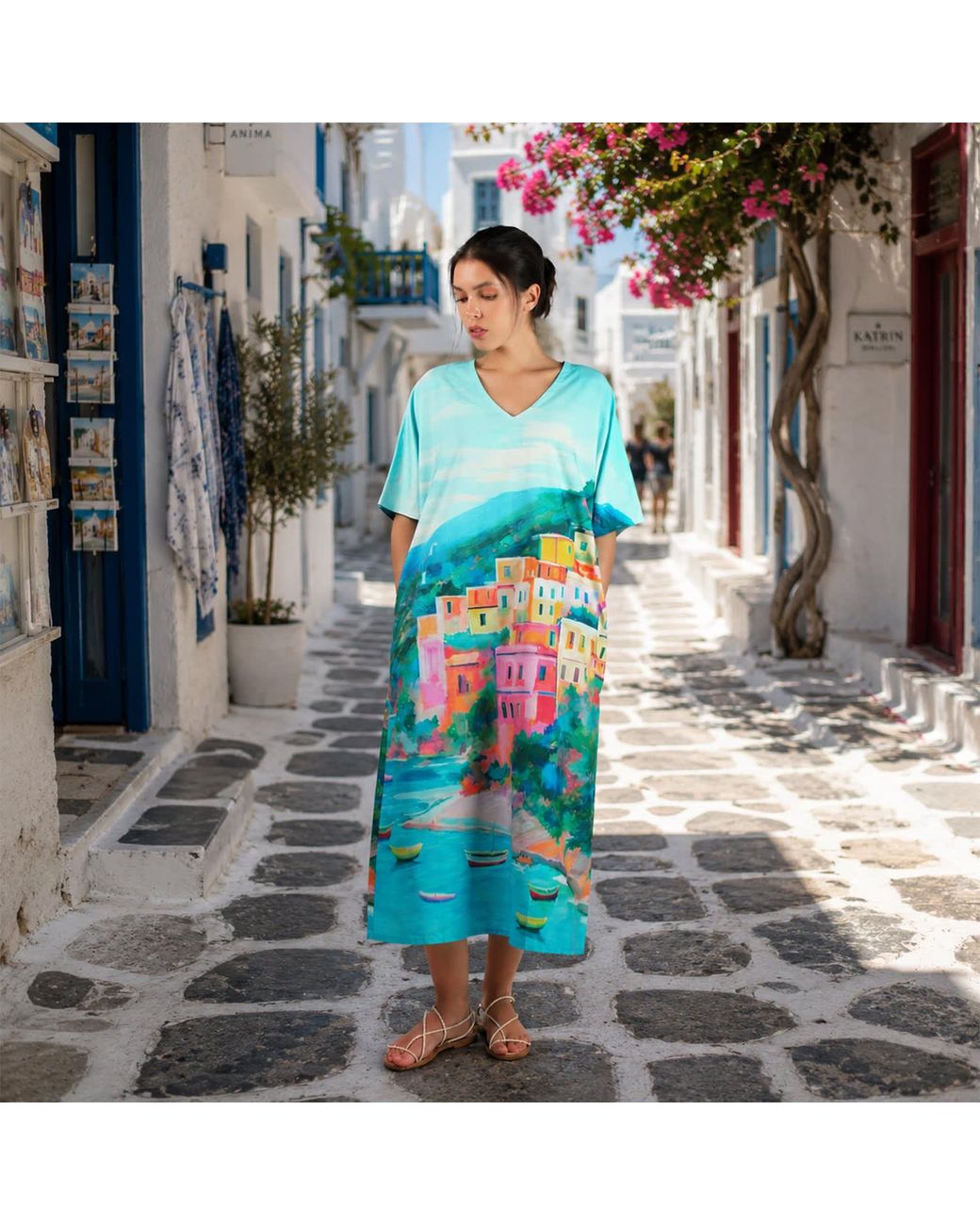 DHARA SHETH DUBAI Blue La Dolce Riviera Mediterraneanvintage Look Long Cotton Kaftan Dress With Pockets