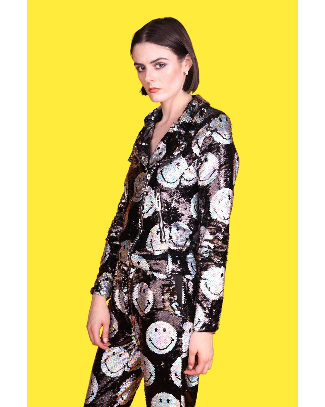 Any Old Iron Black Iridescent Smiley Reversible Sequin Moto Jacket