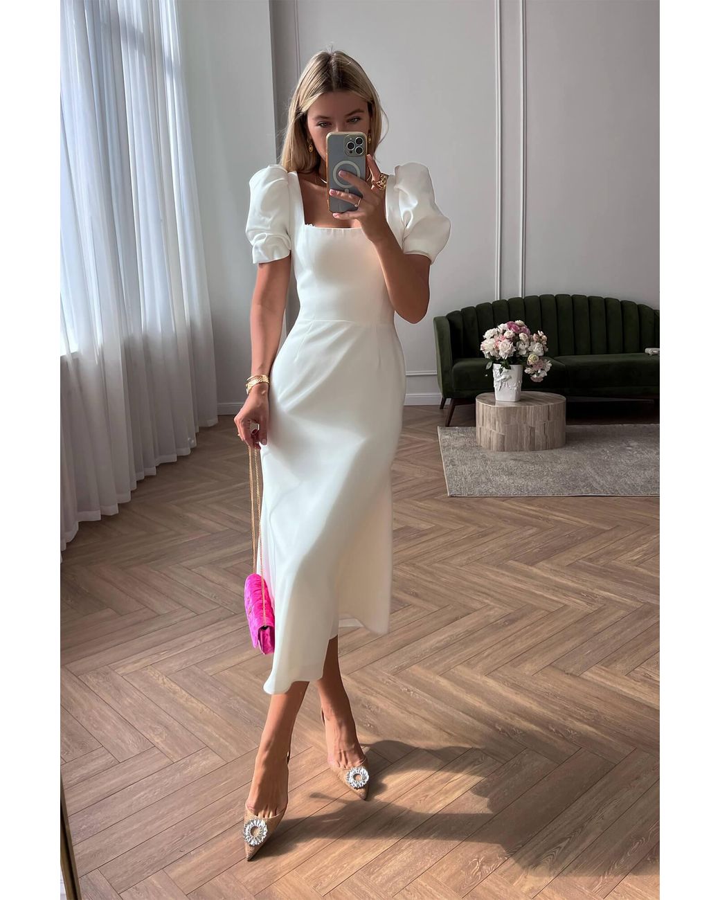 POST MERIDIEM White Godet Silhouette Square Neck Midi Dress