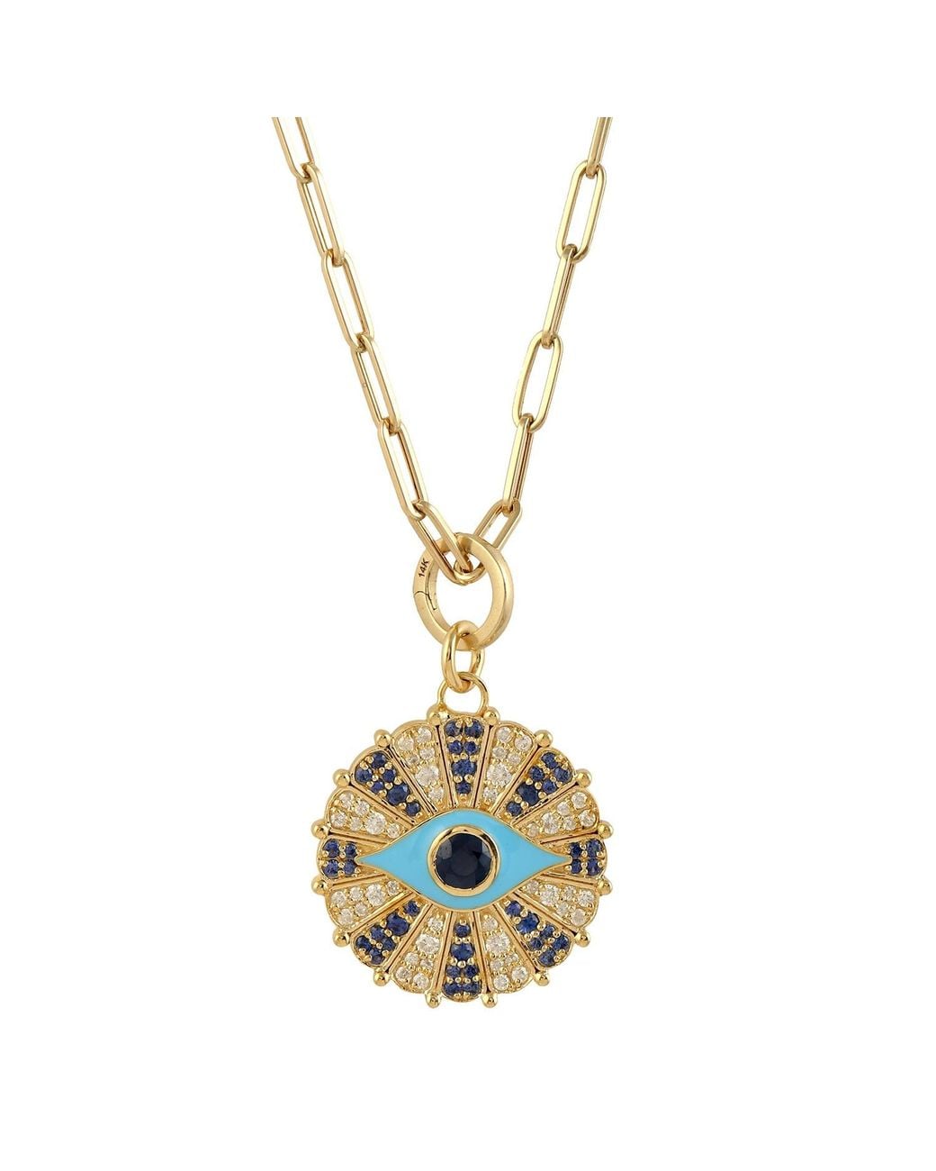 Artisan Multicolor Yellow Gold Natural Pave Diamond & Blue Sapphire Evil Eye Charm Pendant
