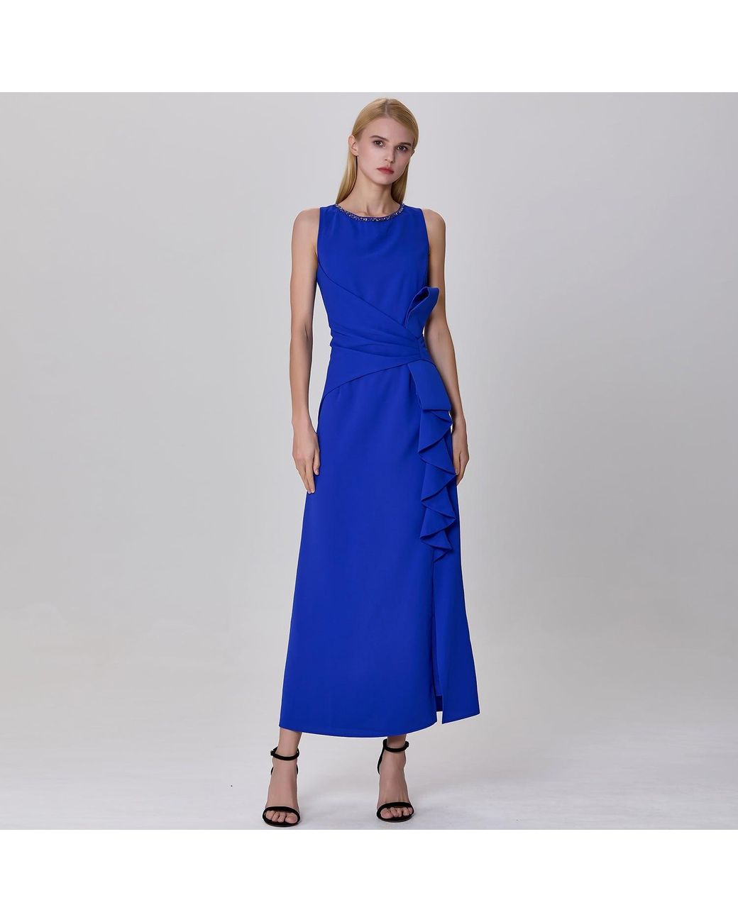 Smart and Joy Blue Asymmetric Ruffle Panel Dress