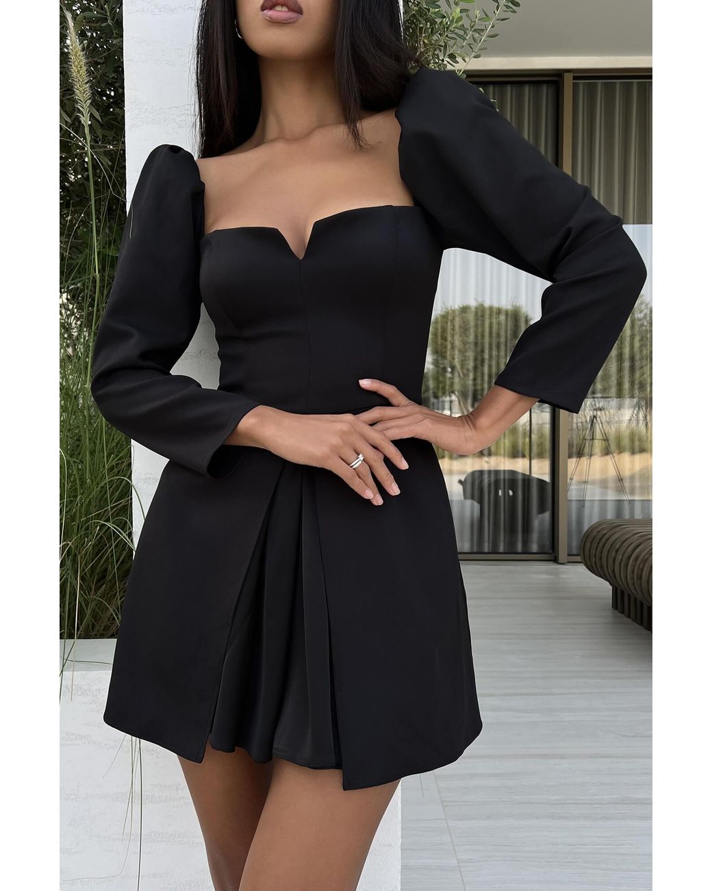 POST MERIDIEM Black Long Sleeve A-Line Mini Dress