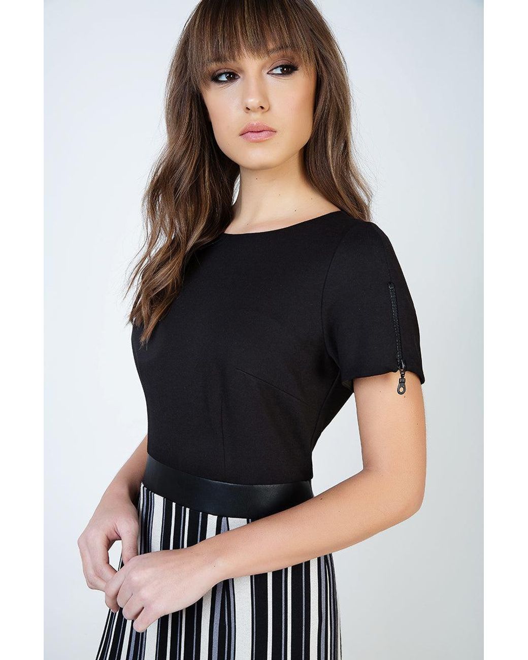 Conquista Black Stripe Detail Straight Dress With Zip & Pleather Detail