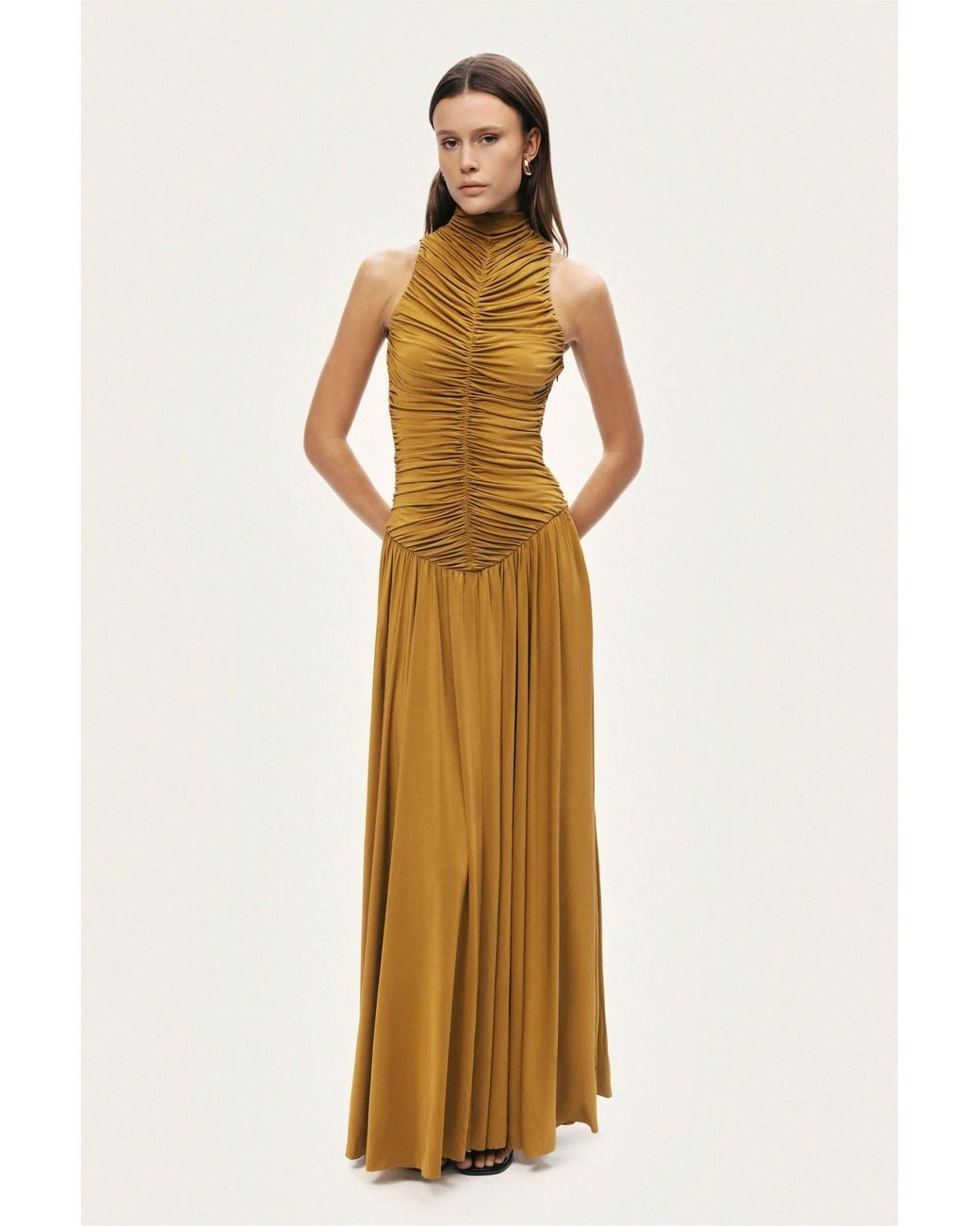 Nocturne Metallic Ruched High-Neck Maxi Dress