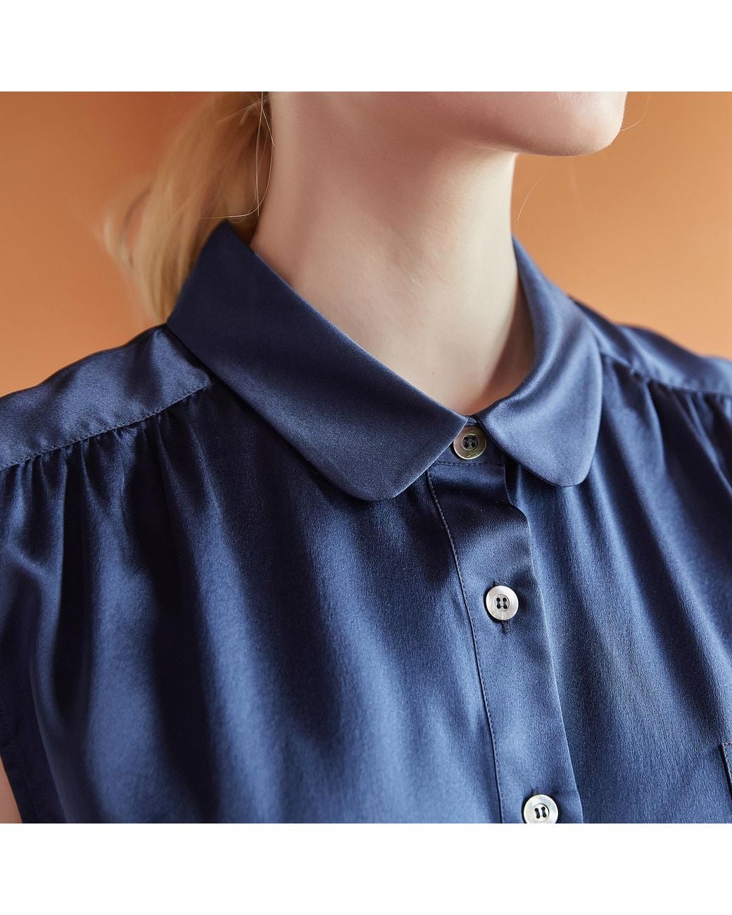 Soft Strokes Silk Blue Pure Silk Pointed Peter Pan Collar Sleeveless Blouse