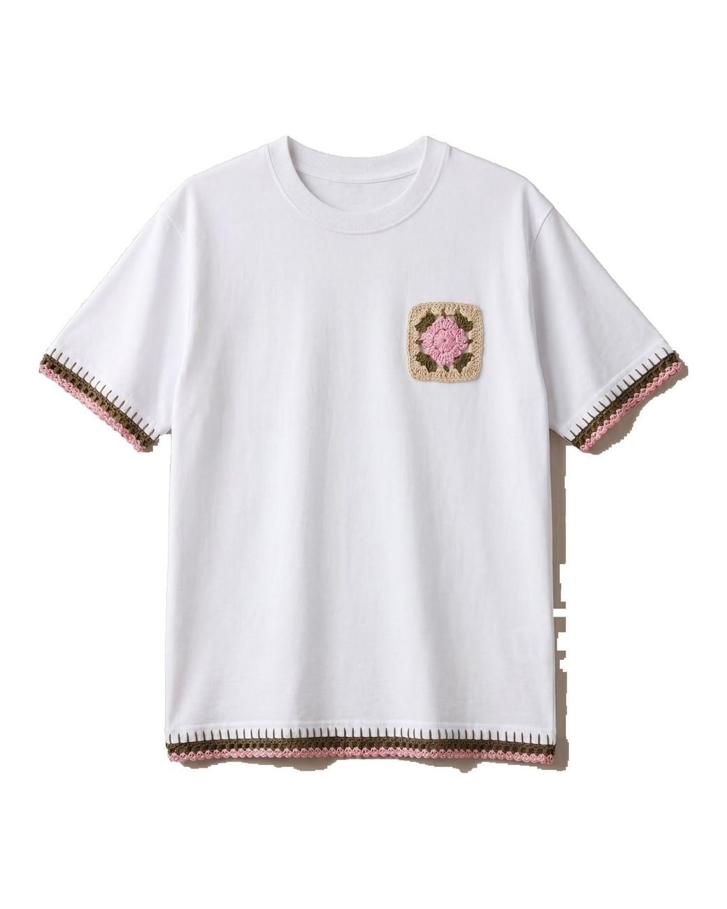 Ana Chic White Bloom Handmade Crochet Applique Cotton Tee