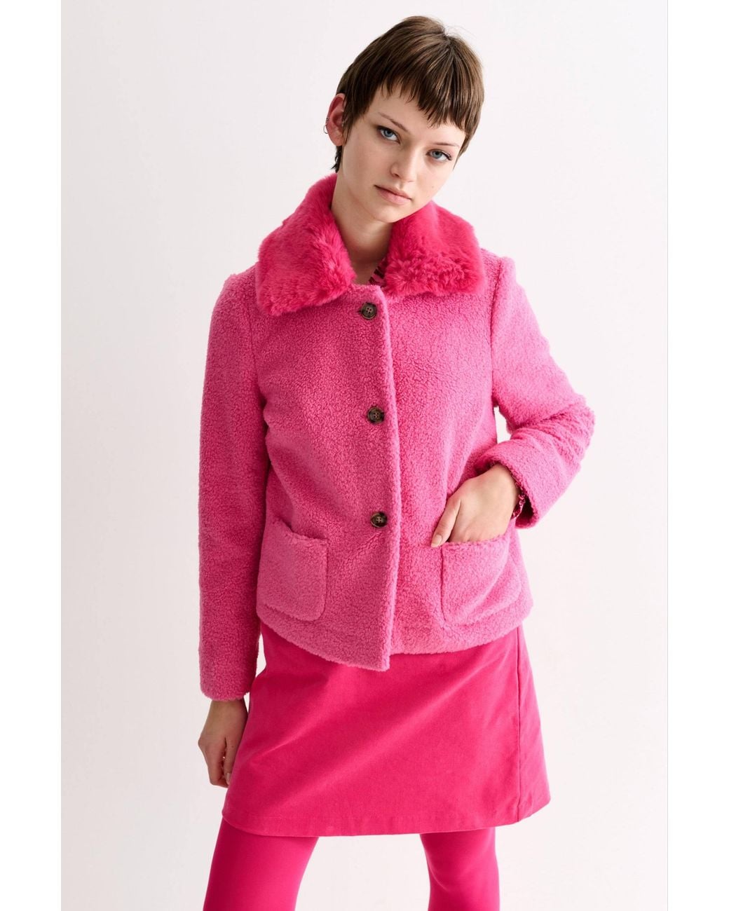 Louche Pink Apple Borg Faux Fur Collar Cropped Jacket –