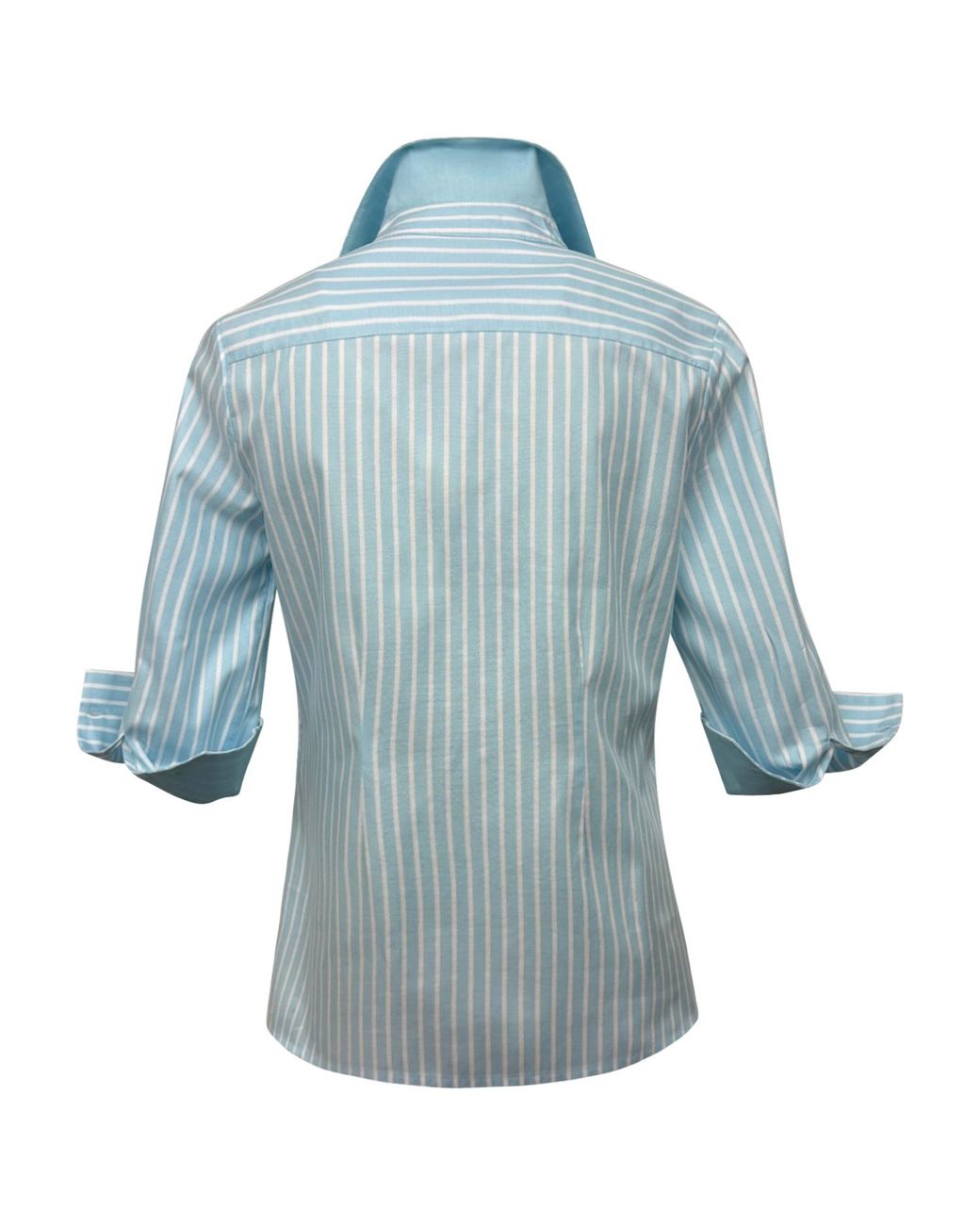 Perlavera Blue Sam Stripe Hidden Placket Three Quarter Sleeve Slim Fit Cotton Oxford Shirt