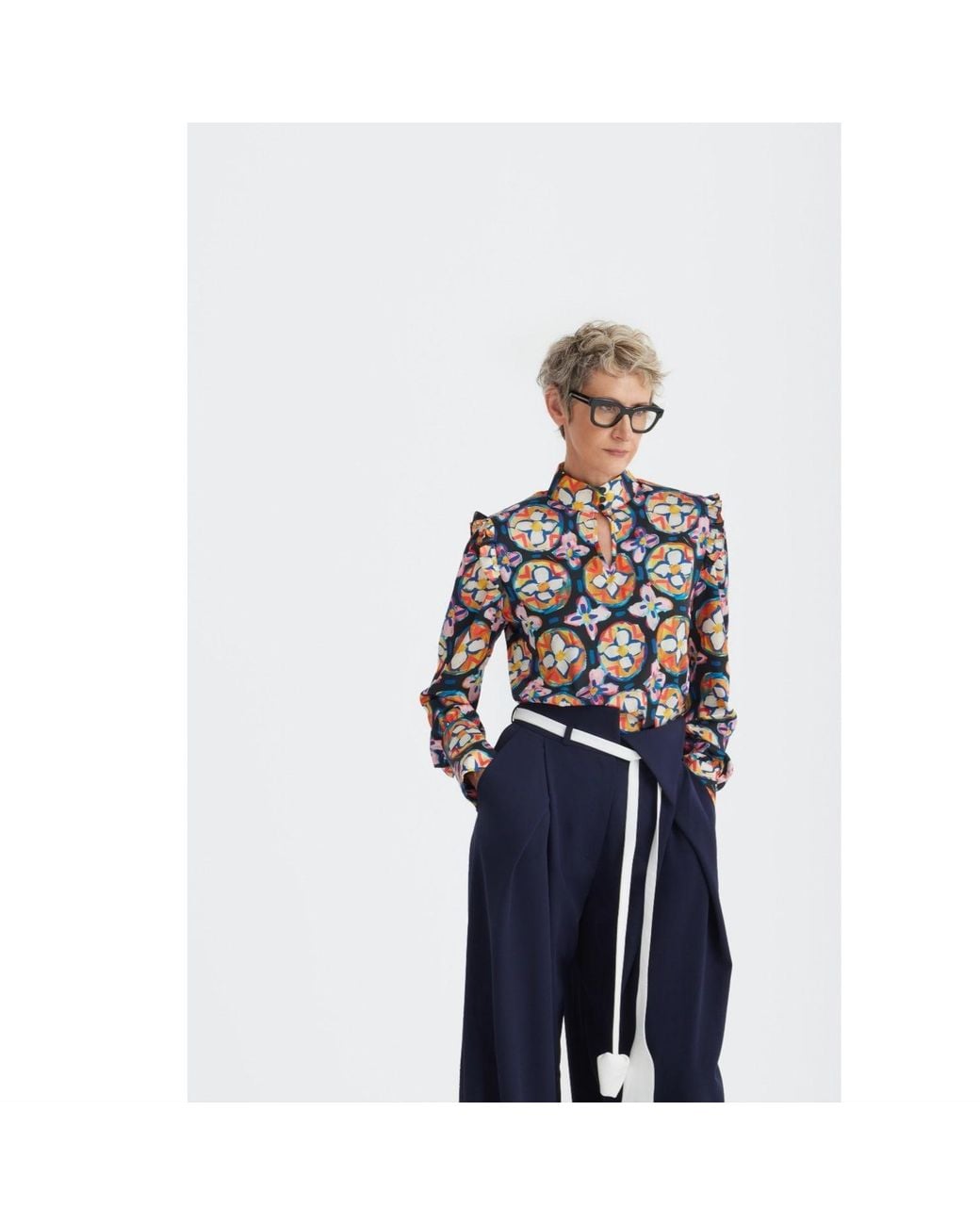 Julia Allert Multicolor Designer Satin Blouse With Bishop Sleeves And Stand Collar – Print