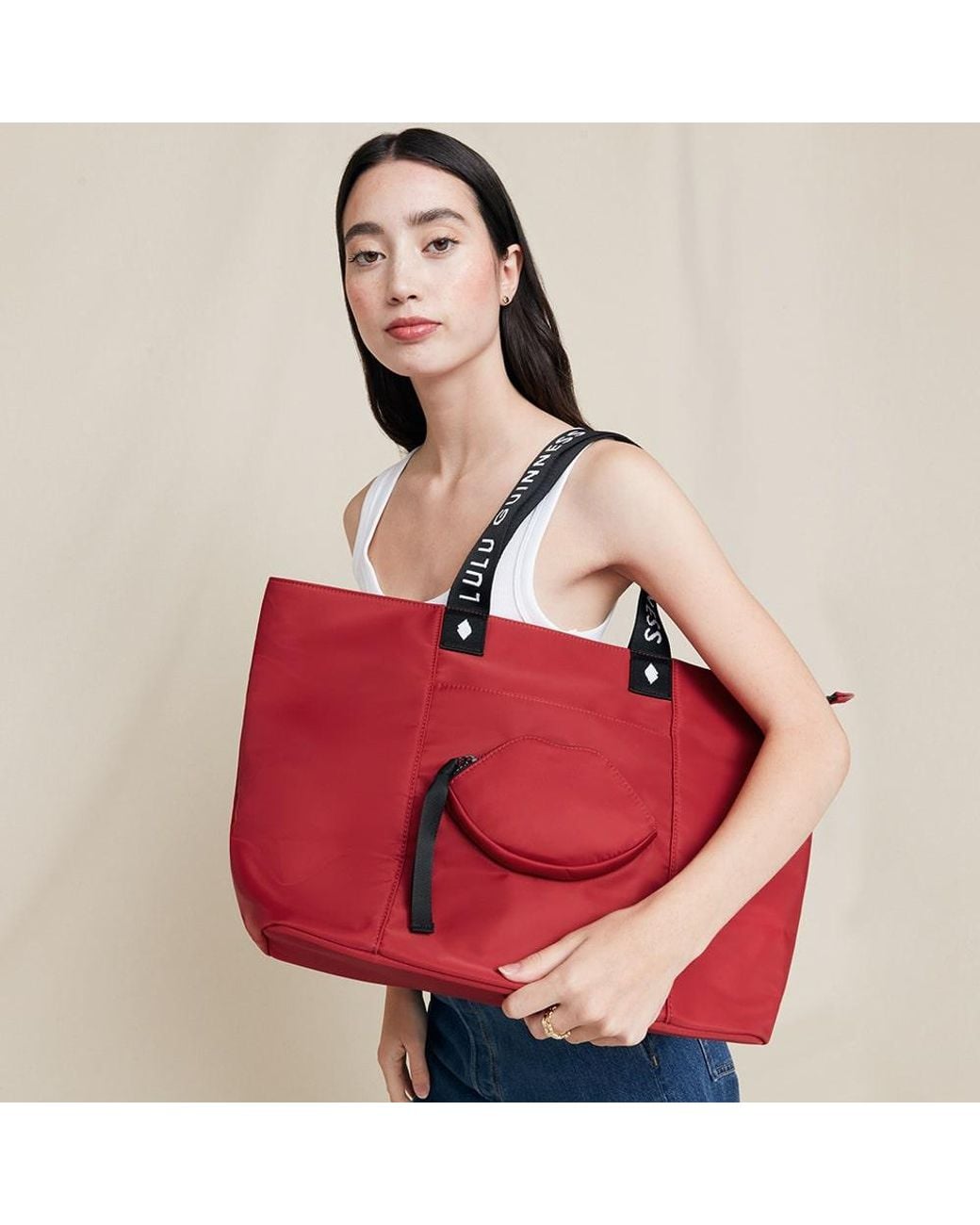 Lulu Guinness Red Lulu Nylon Macy Tote Bag