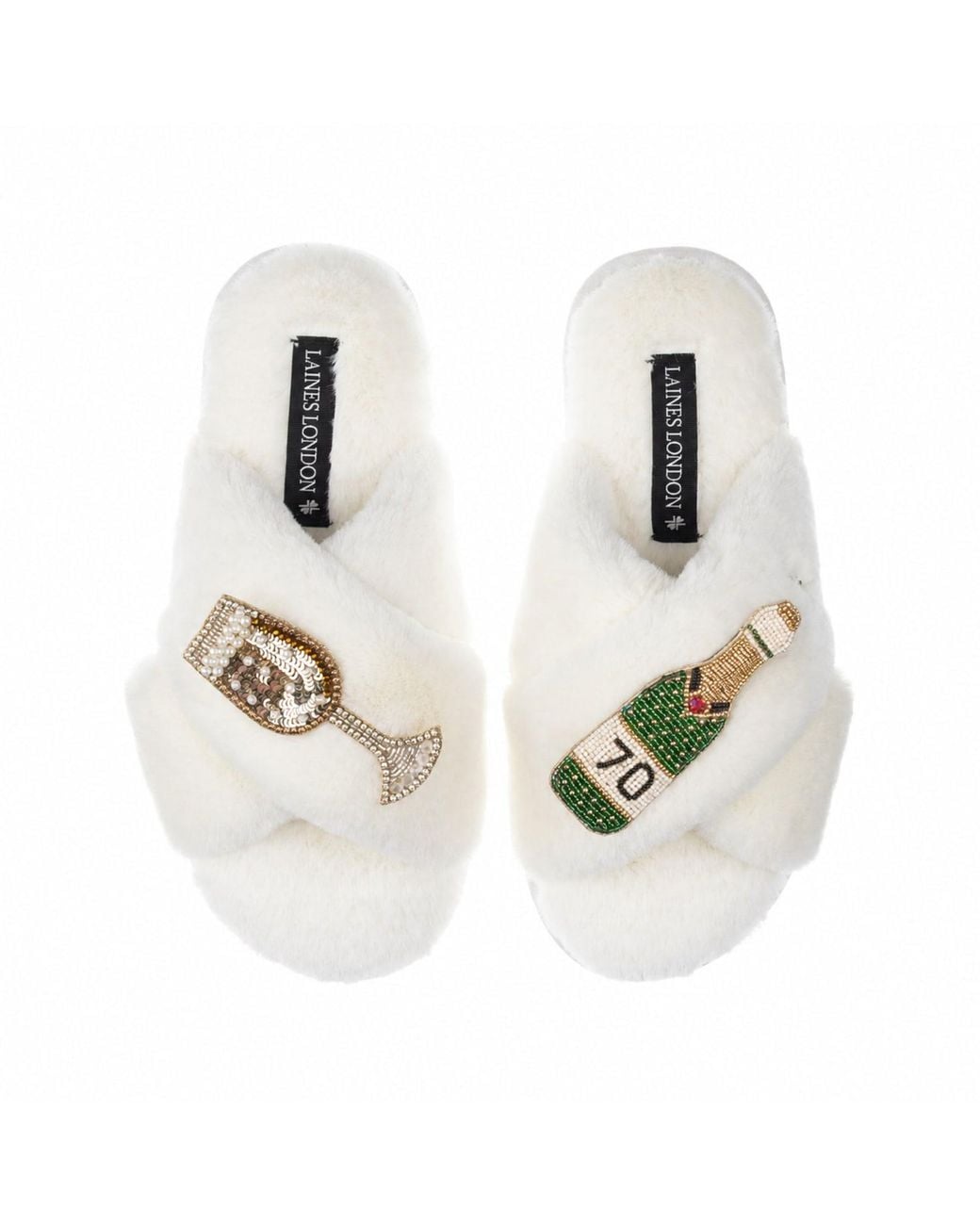 Laines London White Neutrals Classic Laines Slippers With Champagne & Glass 70Th Birthday Brooches