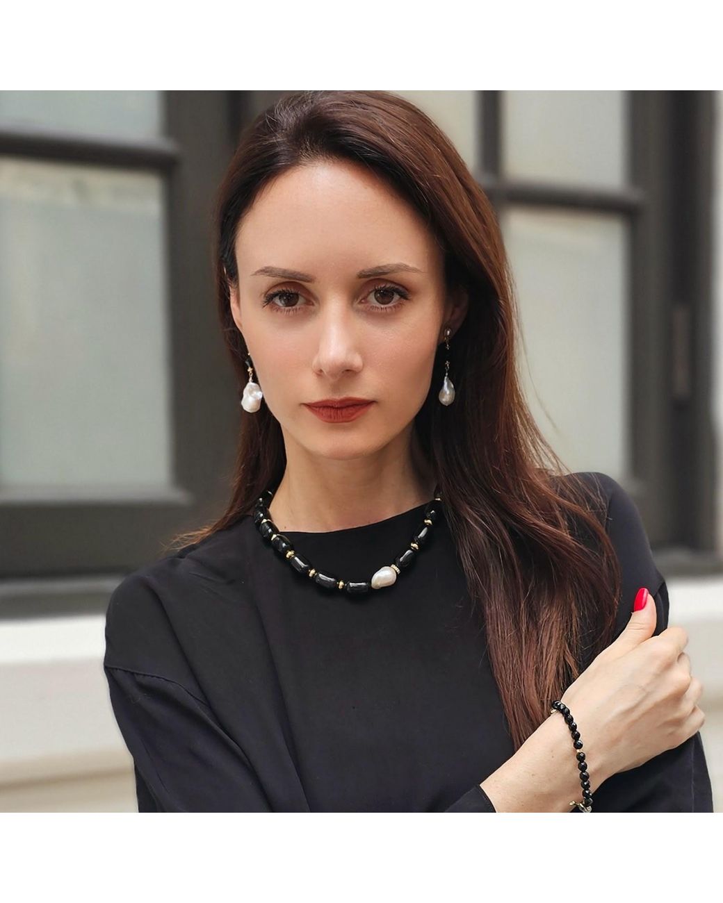 Farra Metallic Baroque Pearls With Obsidian Clip-On Earrings